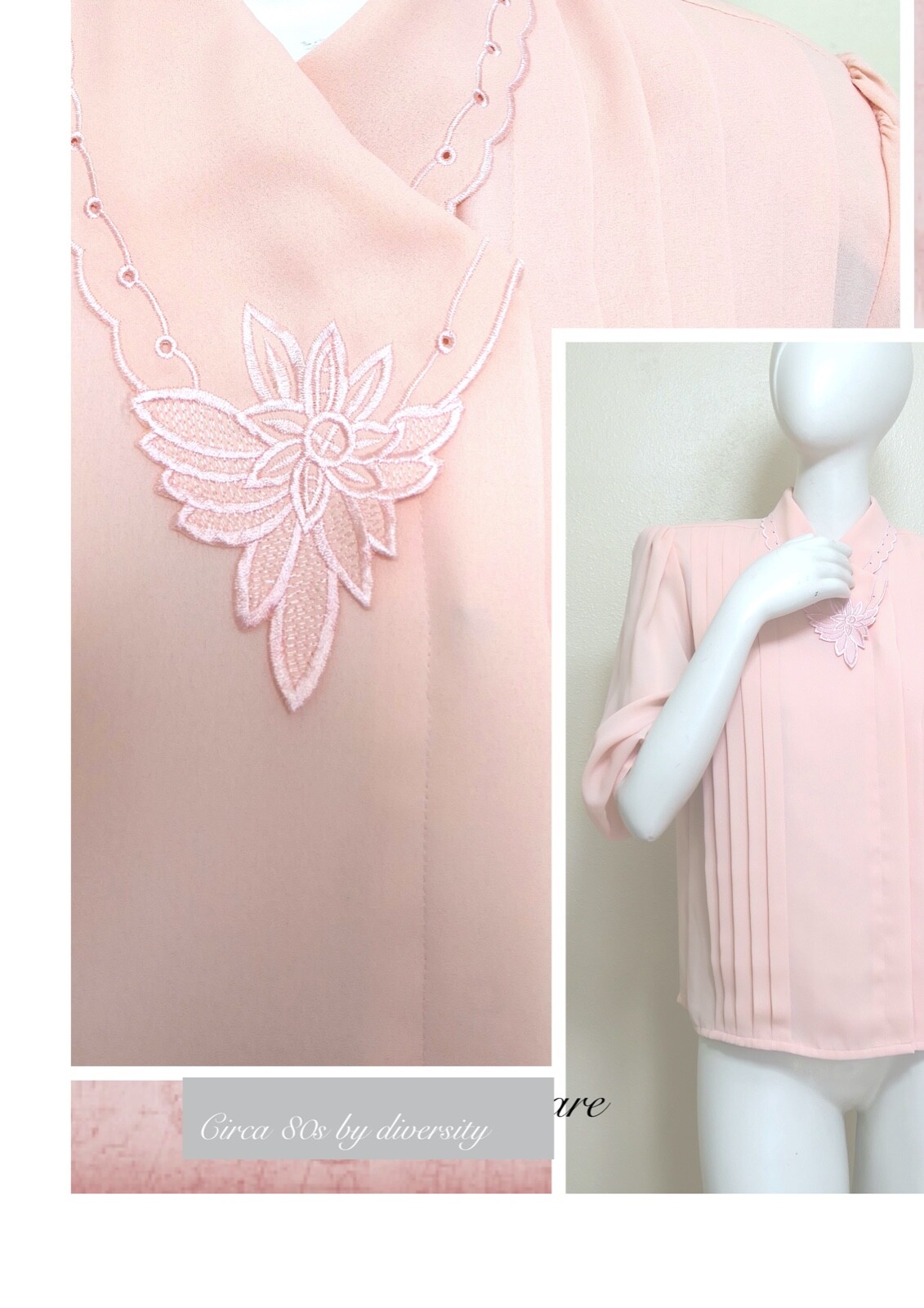 Vintage Soft Peach Ascot Collar Embroider Eyelet Retro Victorian Blouse S sz 6