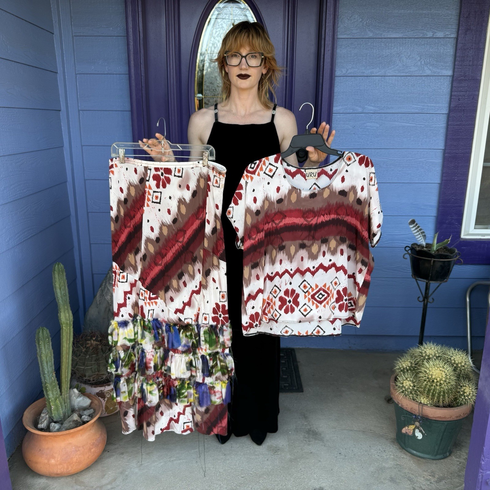 URU 100% Silk Set Matching Blouse + Skirt Size Large 2 Piece Flowy Vintage Boho