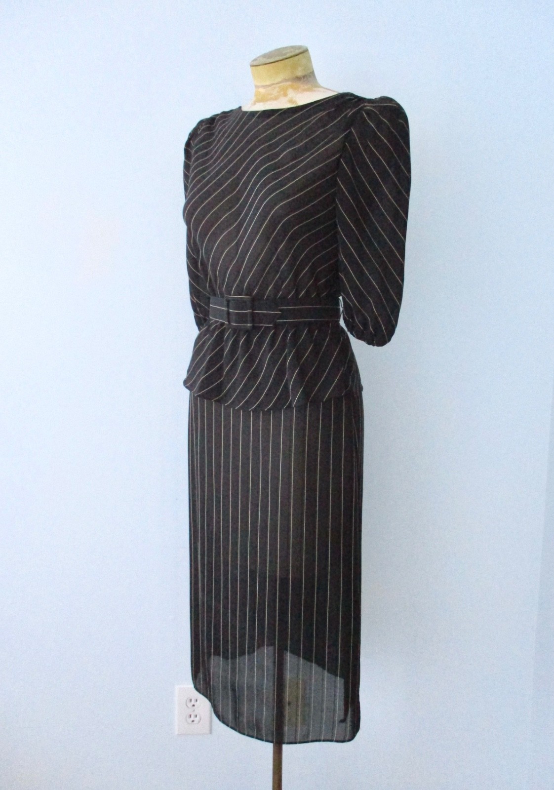 Vtg 70s 80s Black Pinstripe Semi Sheer 2-Pc Secretary Skirt Peplum Top Suit 5