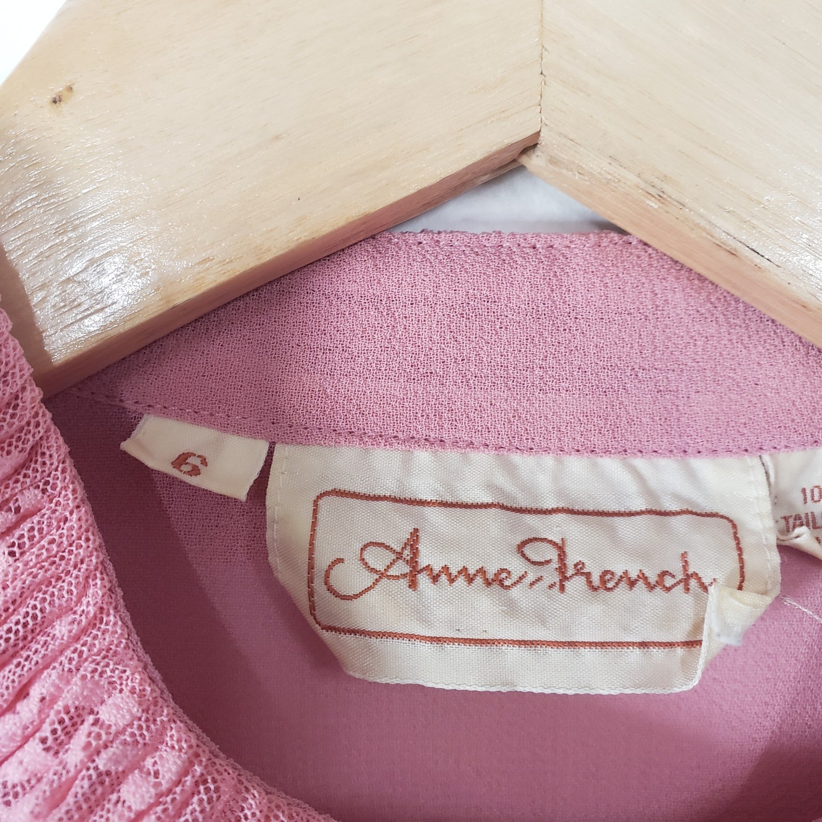 Anne French Ruffle Collar Blouse Womens 6 Pink Vintage 80s Lace Trim Long Sleeve