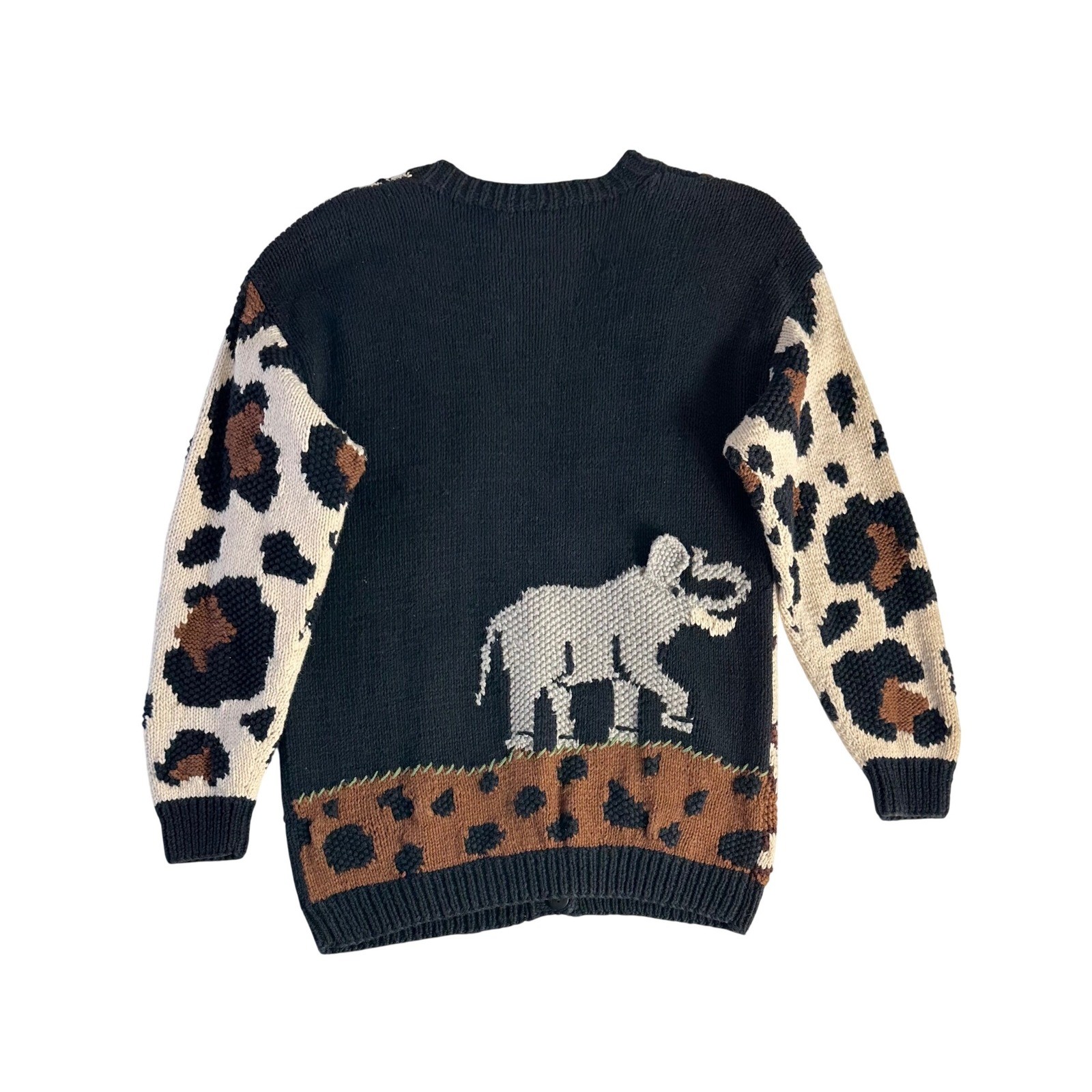 BellePointe Vintage Safari Animal Intarsia Chunky Knit Cardigan Sweater Black S