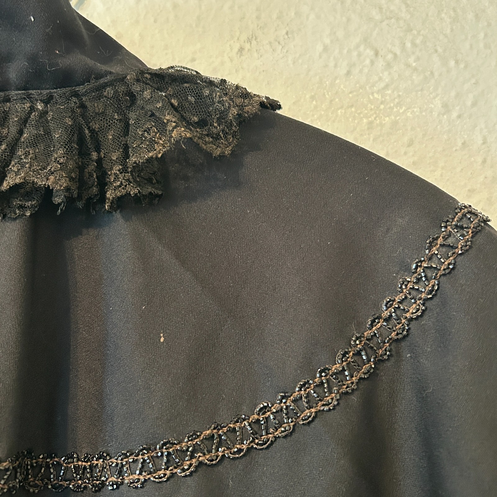Antique Victorian Black Wool Beaded Evening Cape Capelet Cloak Mourning 1800s