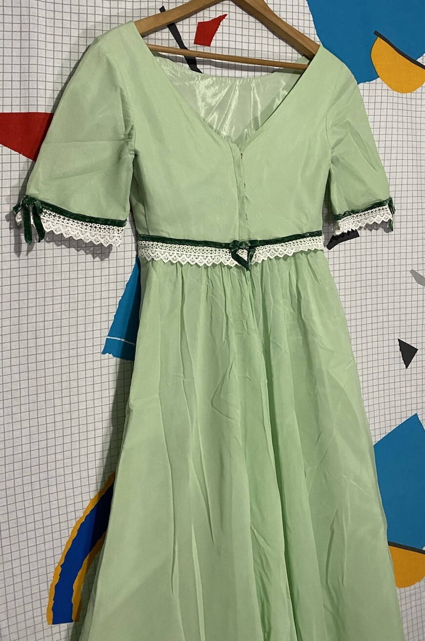 Vintage 50s Silk Chiffon Dress Green Lace Organza Velvet Ribbon 60s Maxi