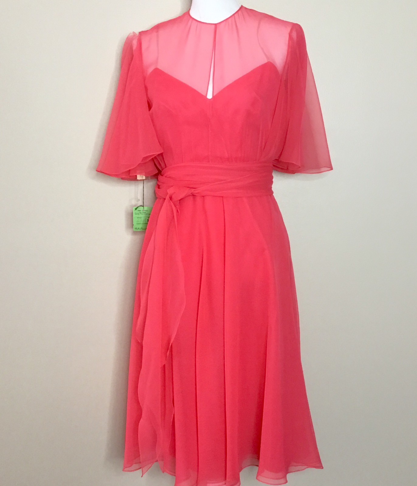 Vtg Mollie Parnis Boutique Womens Dress Sz 10 Coral Pink Chiffon Flowing Sheer