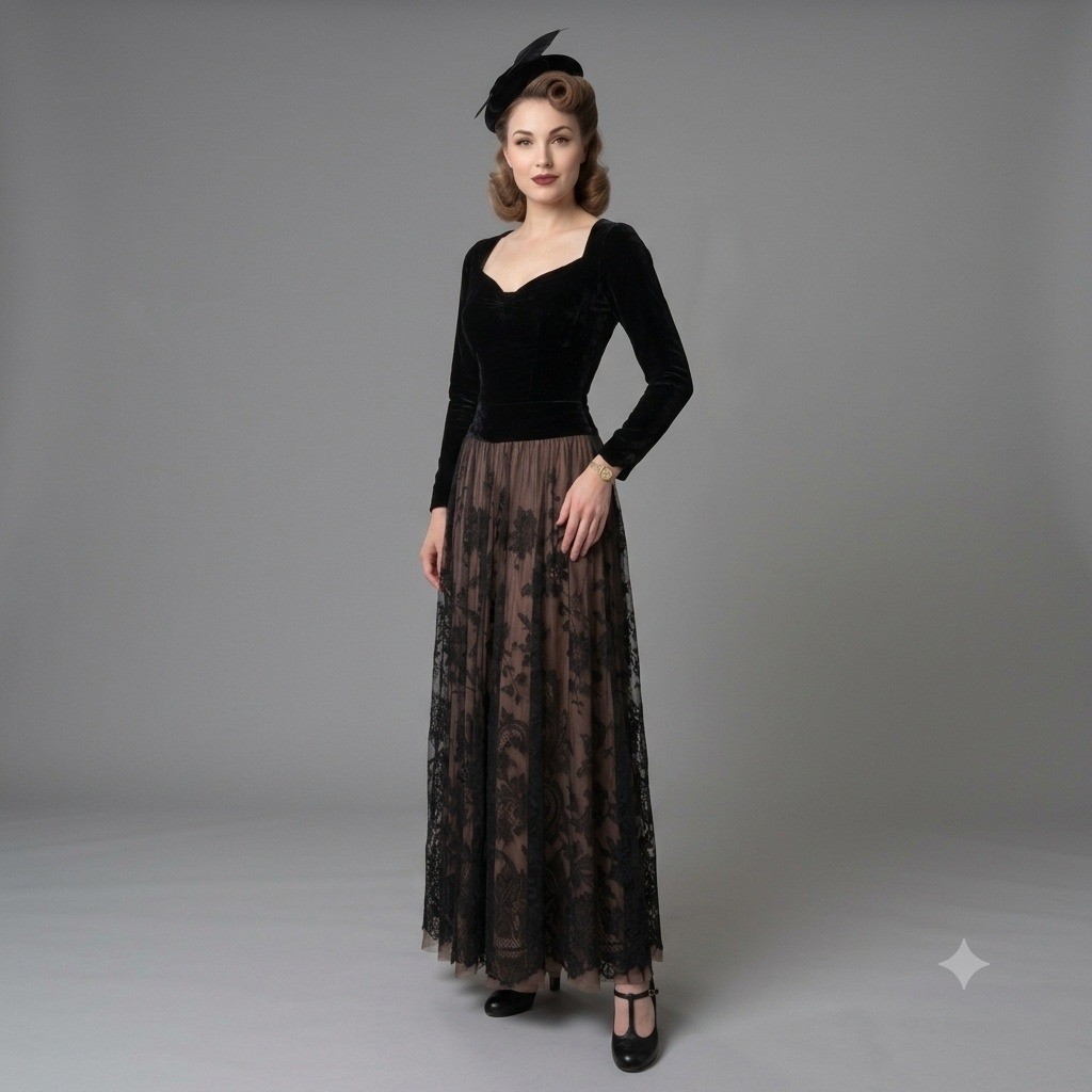 Vintage 1940s Dress Black Velvet Lace Embroidered Skirt Long Sleeve Gown 40s