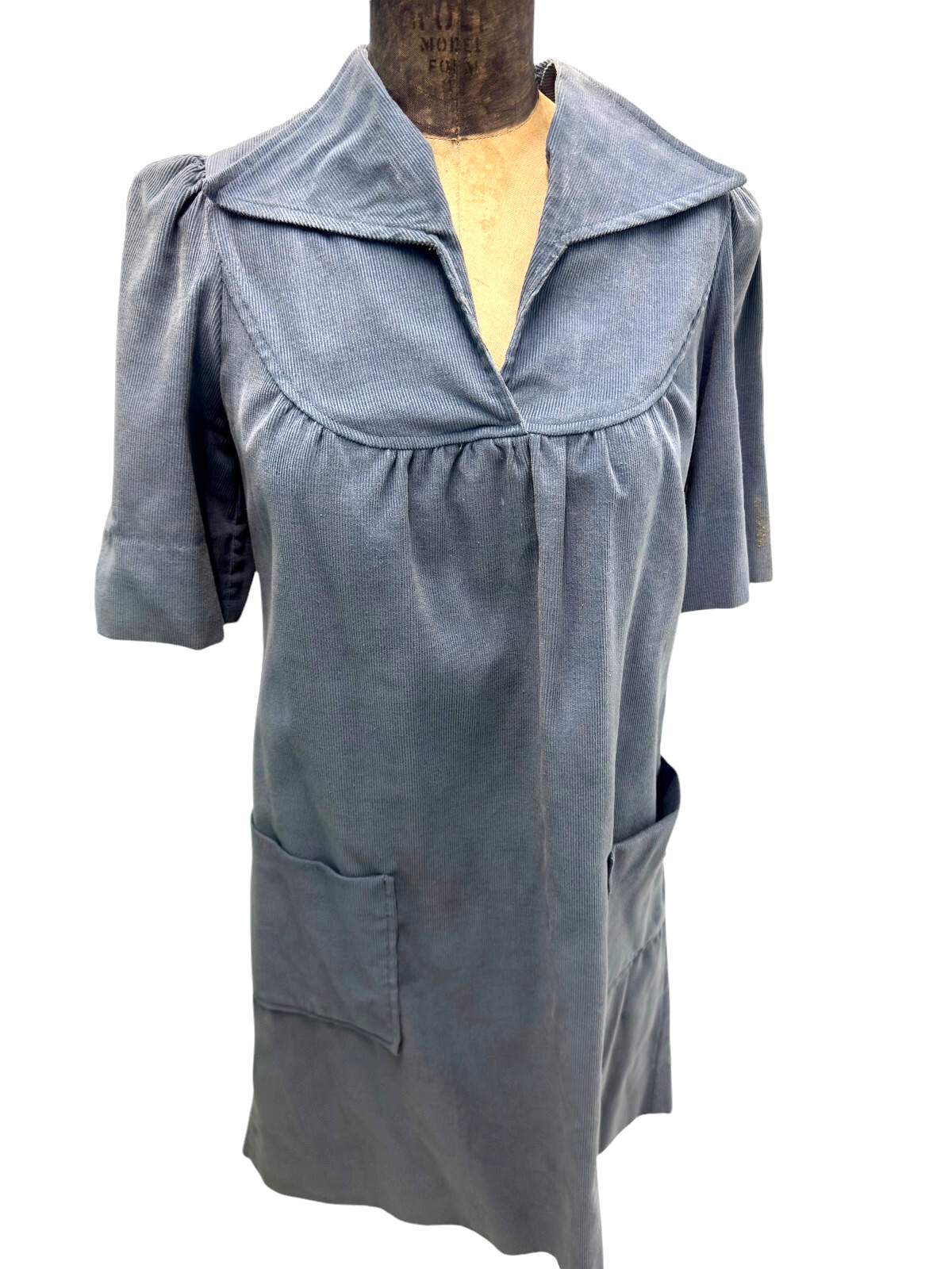 70’s Vintage India Imports Of Rhode Island Blue Corduroy Boho Smock Dress Sz XP