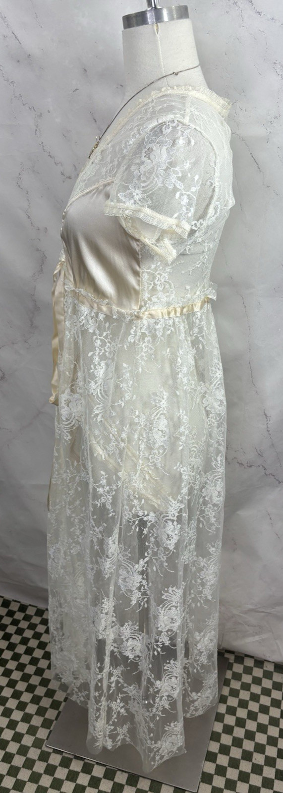 Vtg 90s CLAIRE PETTIBONE Babydoll Sheer Lace Silk Nightgown Robe Dress S Bride