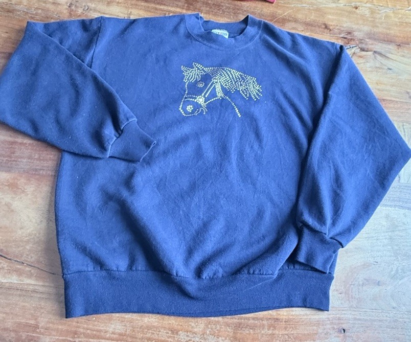 Vintage Navy Blue Appliqué Gems Horse Jerzees Large Crewneck Sweatshirt 90’s