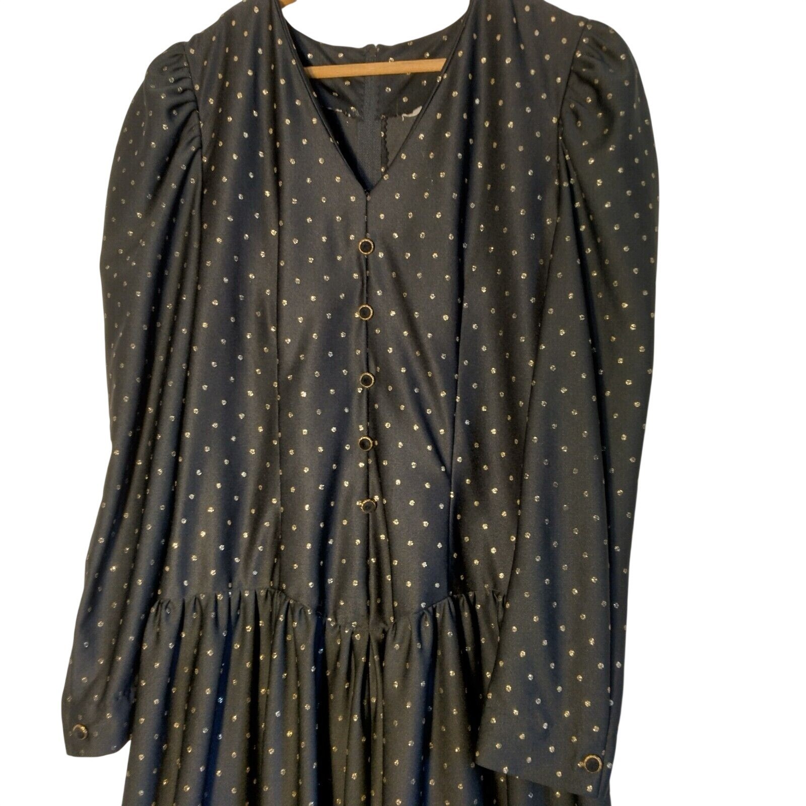 Vintage 1980s Homemade Dress Black Gold Metallic Polka Dot Drop Waist Party Nerd