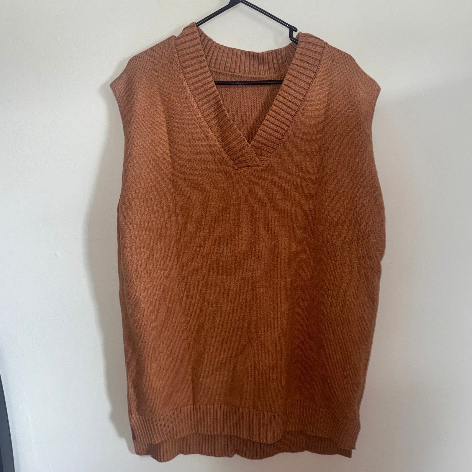 Rust Brown Oversized V-Neck Sweater Vest Knit Dess Sleeveless Pullover XL NWOT