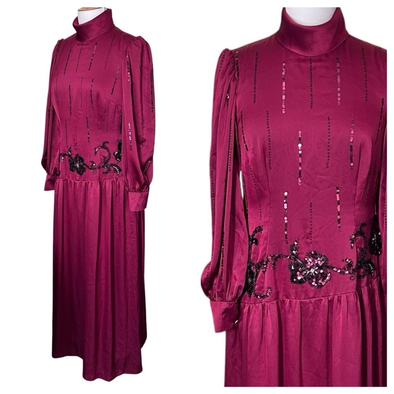 RARE! Vintage SONIA Haute Couture High Neck Long Sleeve Burgundy Evening Dress L