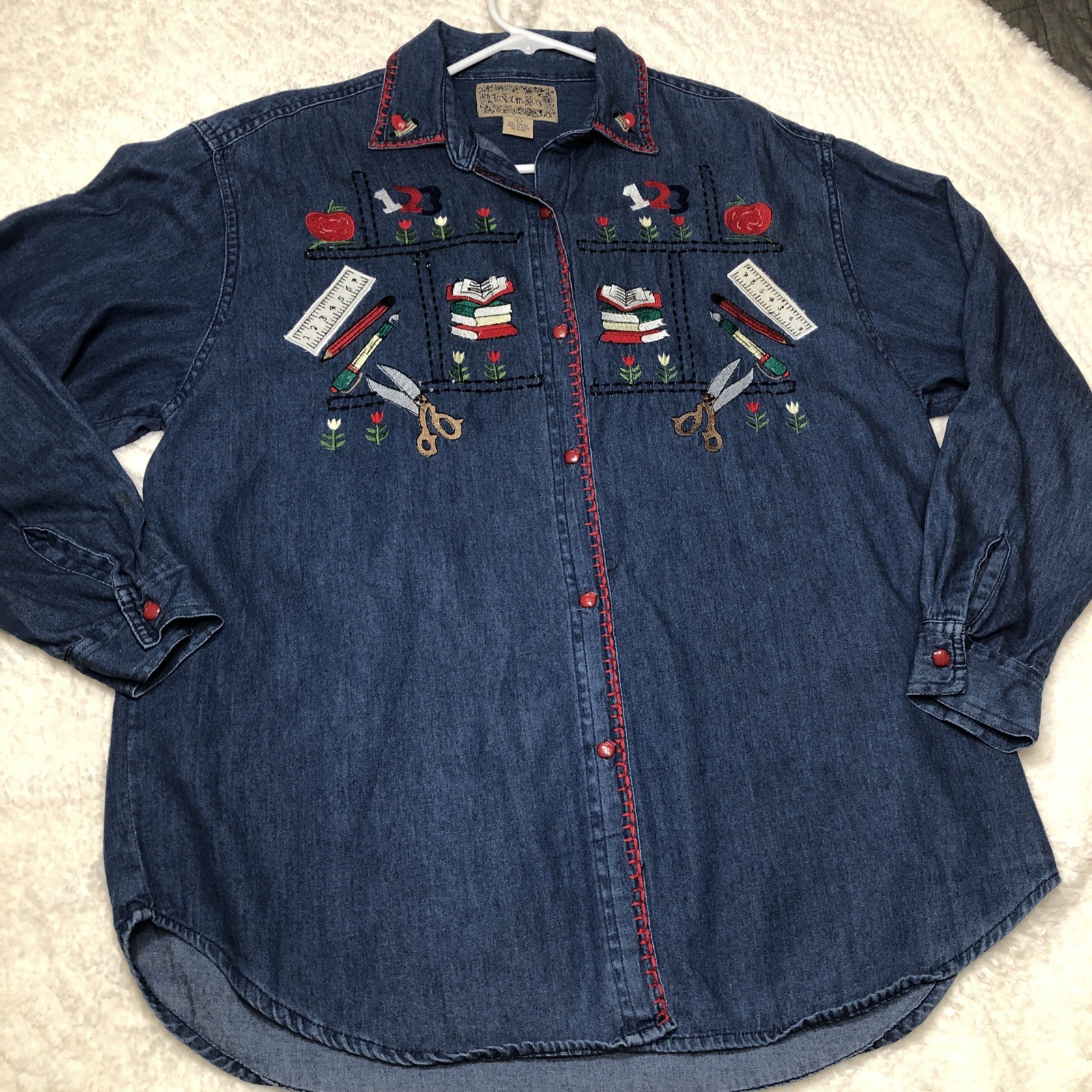 Vtg Denim Shirt Women’s Large Embroidered Elementary School Class Teacher