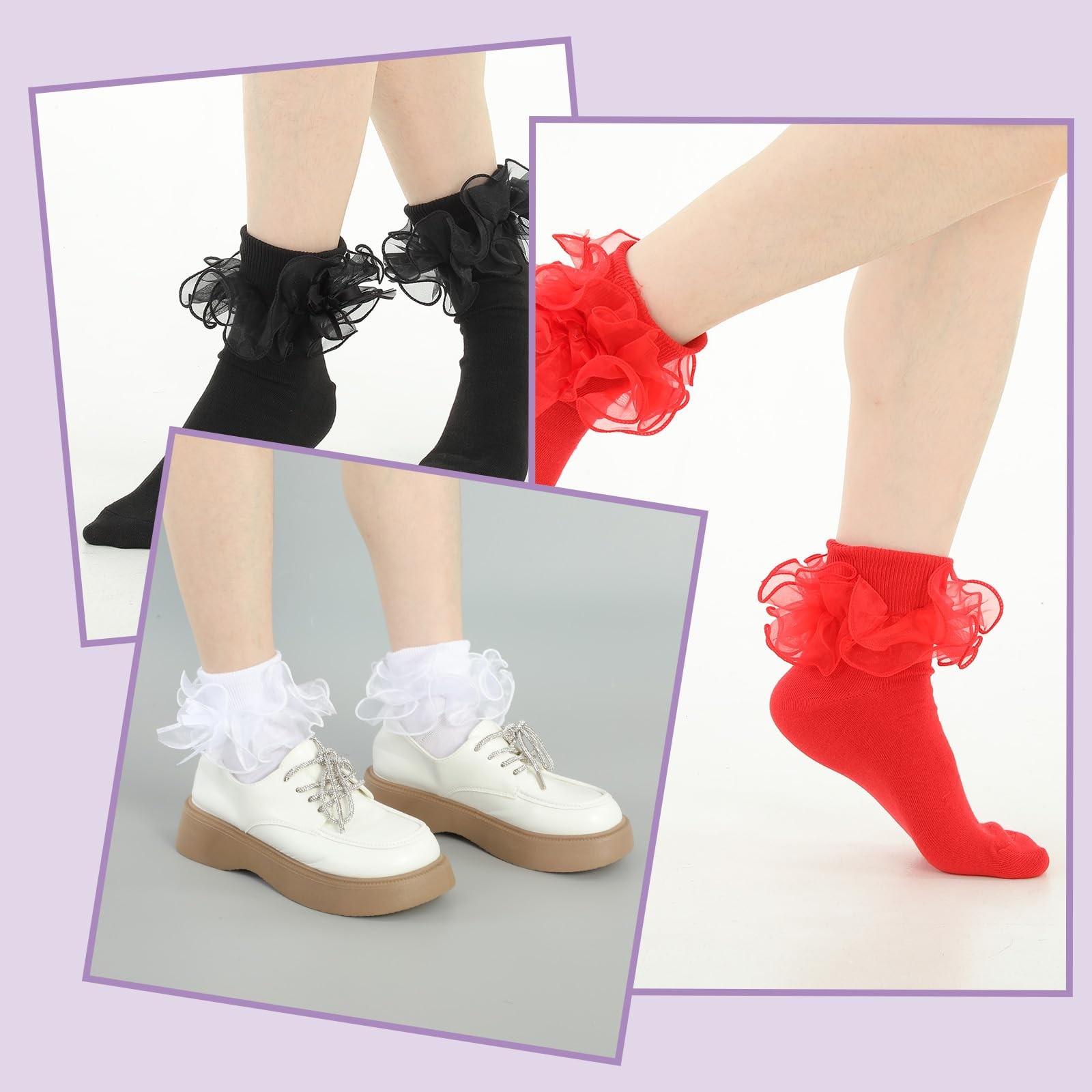 Bremorou 3 Pairs Women’s Big Ruffle Socks Double One Size, White, Black, Red