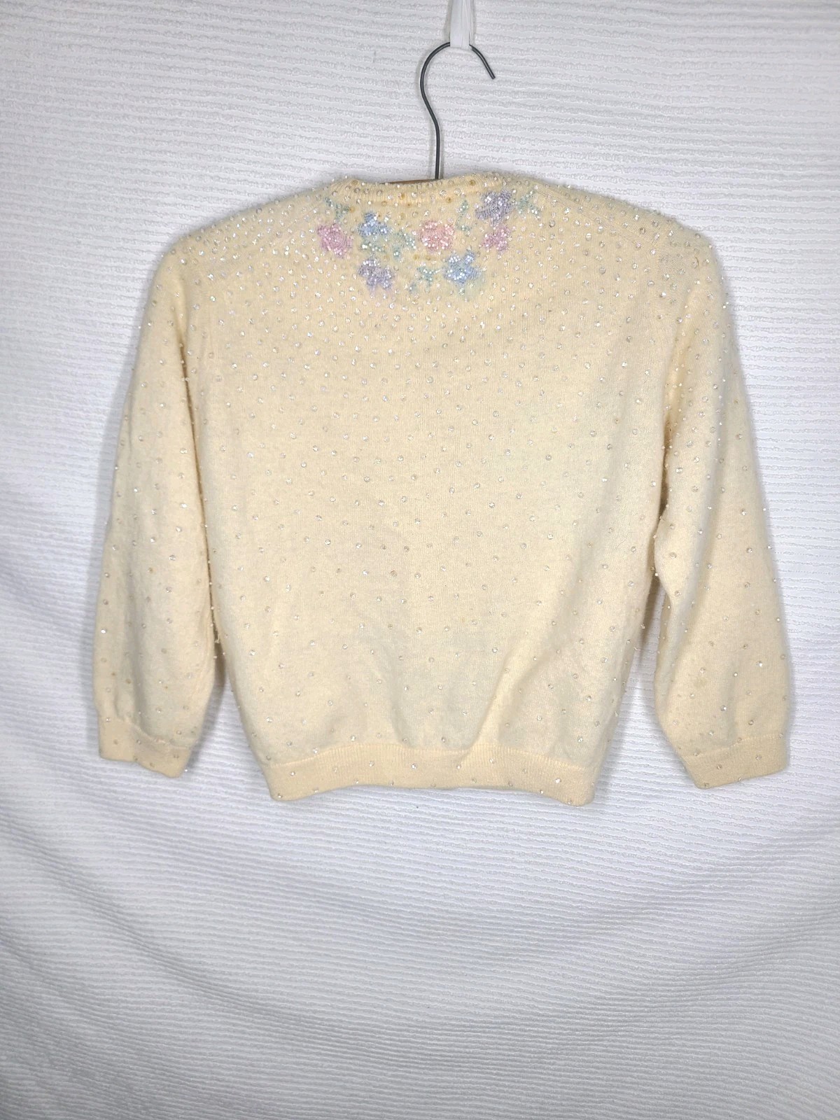 1950s Beaded Cashmere Cardigan Silk Lined Cut Glass Alfred Wong Small Vintage
