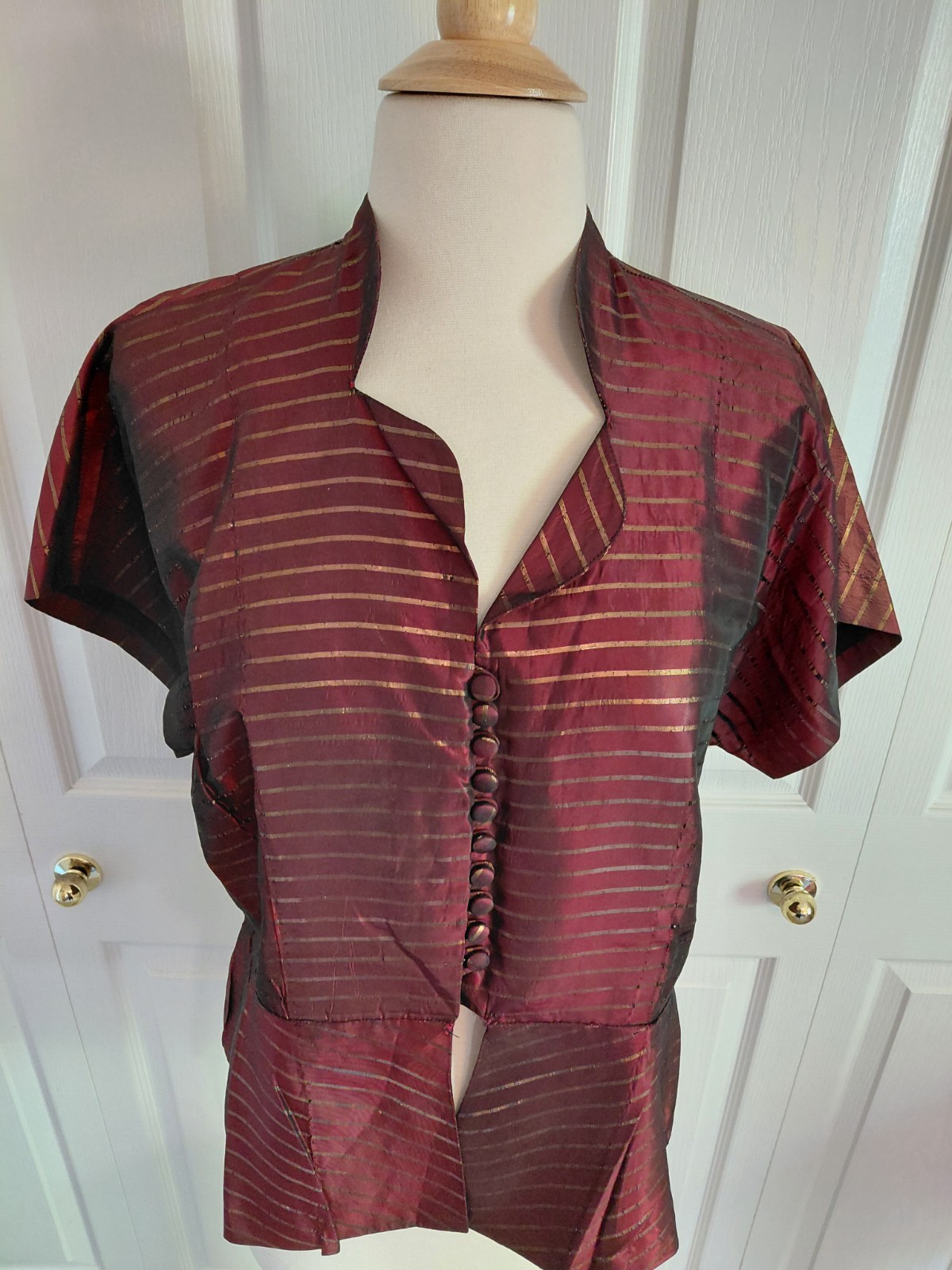 Vintage 1940s Volup Burgundy Gold Tafetta Blouse Top Button up Shirt Size XL