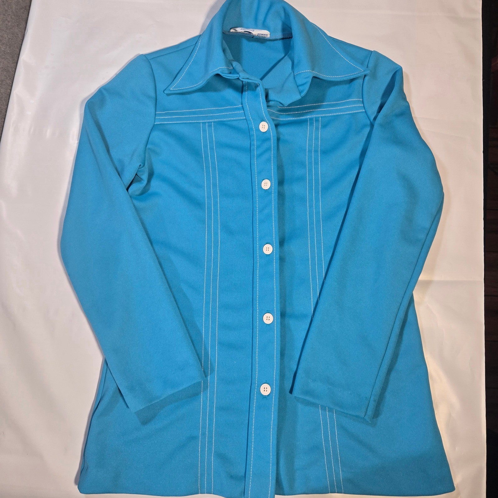 Vintage 70s Sears Turquoise Blue Knit Shirt Jacket White Contrast Stitch Disco M
