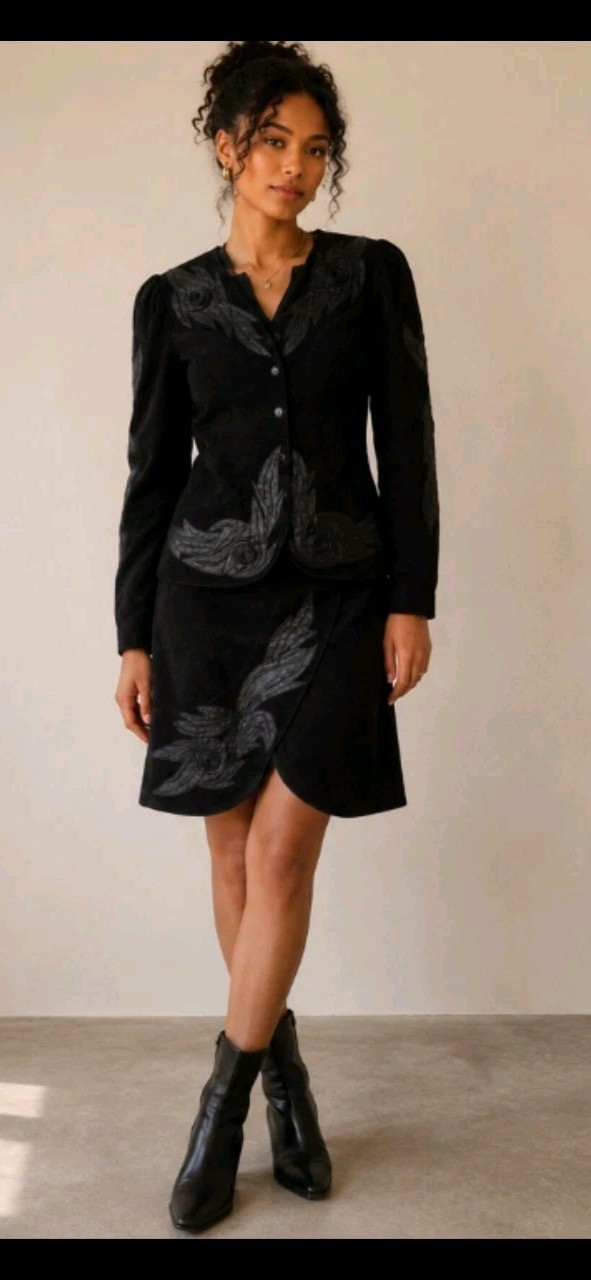 Vintage Genuine Leather Western Appliqué Skirt Suit Set Womens Small Black Rodeo