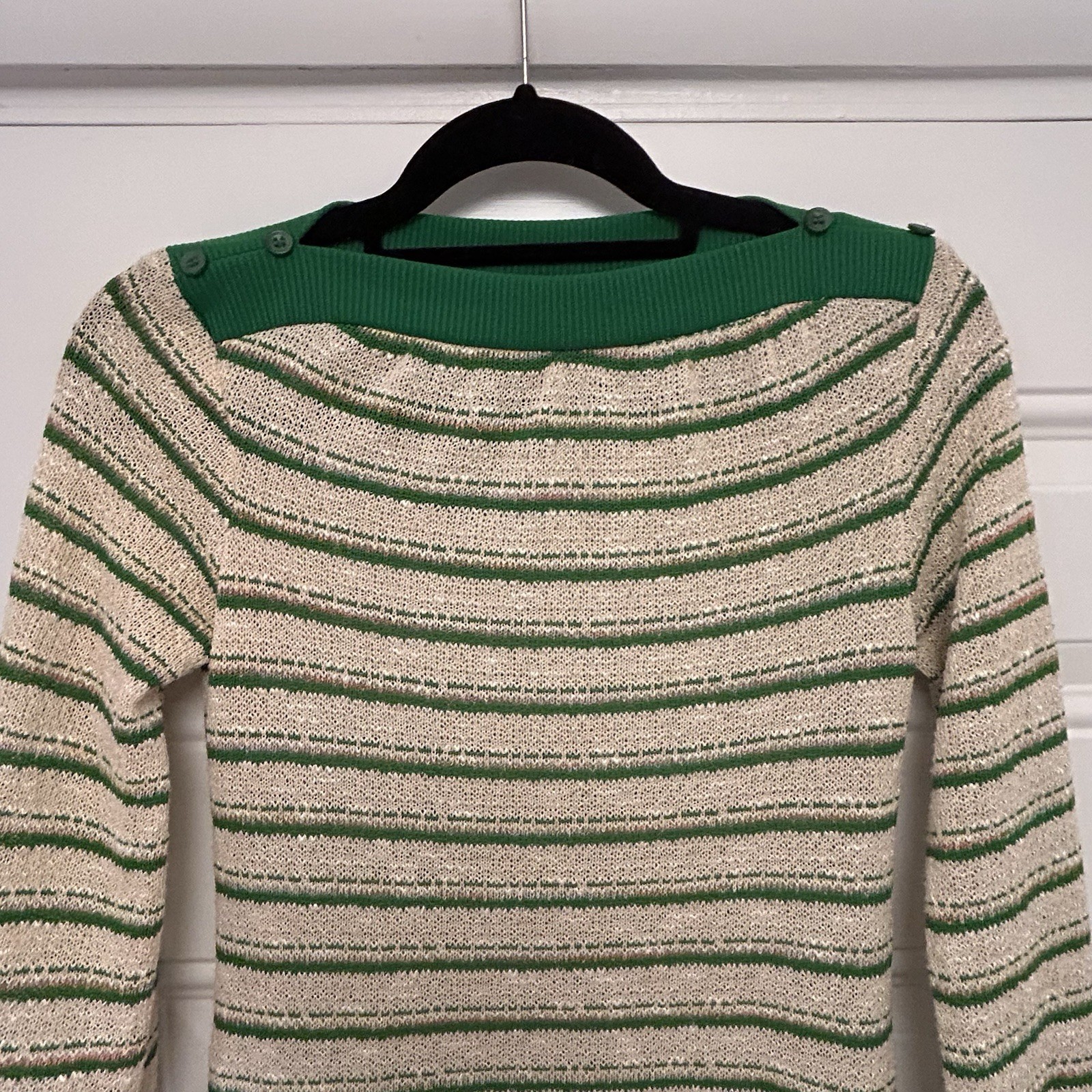 Vtg 1970 Jerell of Texas Green Beige Metallic Striped Sweater Sheath Dress Sz 5