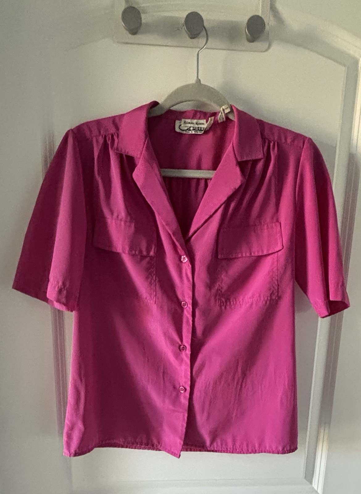 Vtg 80s Neiman Marcus Fuchsia Pink Camp Shirt Blouse Mod Boho Size 7/8 HK Made