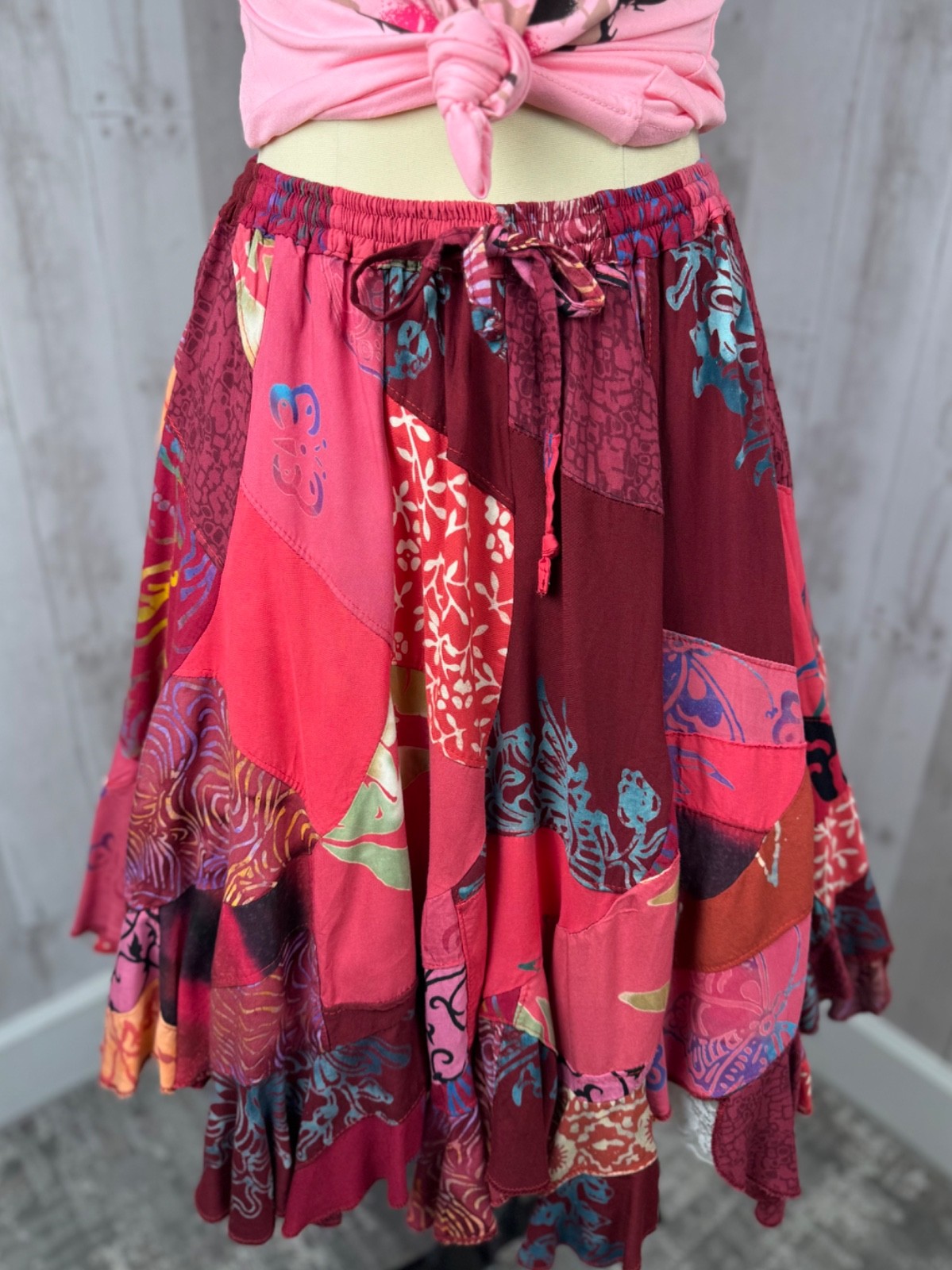 Vintage 1980s Patchwork Skirt Elastic Waist Hot Pink/Magenta +Free Bonus Top M/L