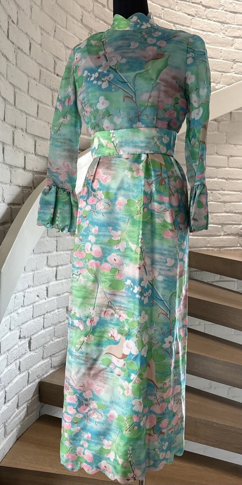 Vintage Tina Leser Original Cherry Blossom Print Long Dress Gown XS/S Saks