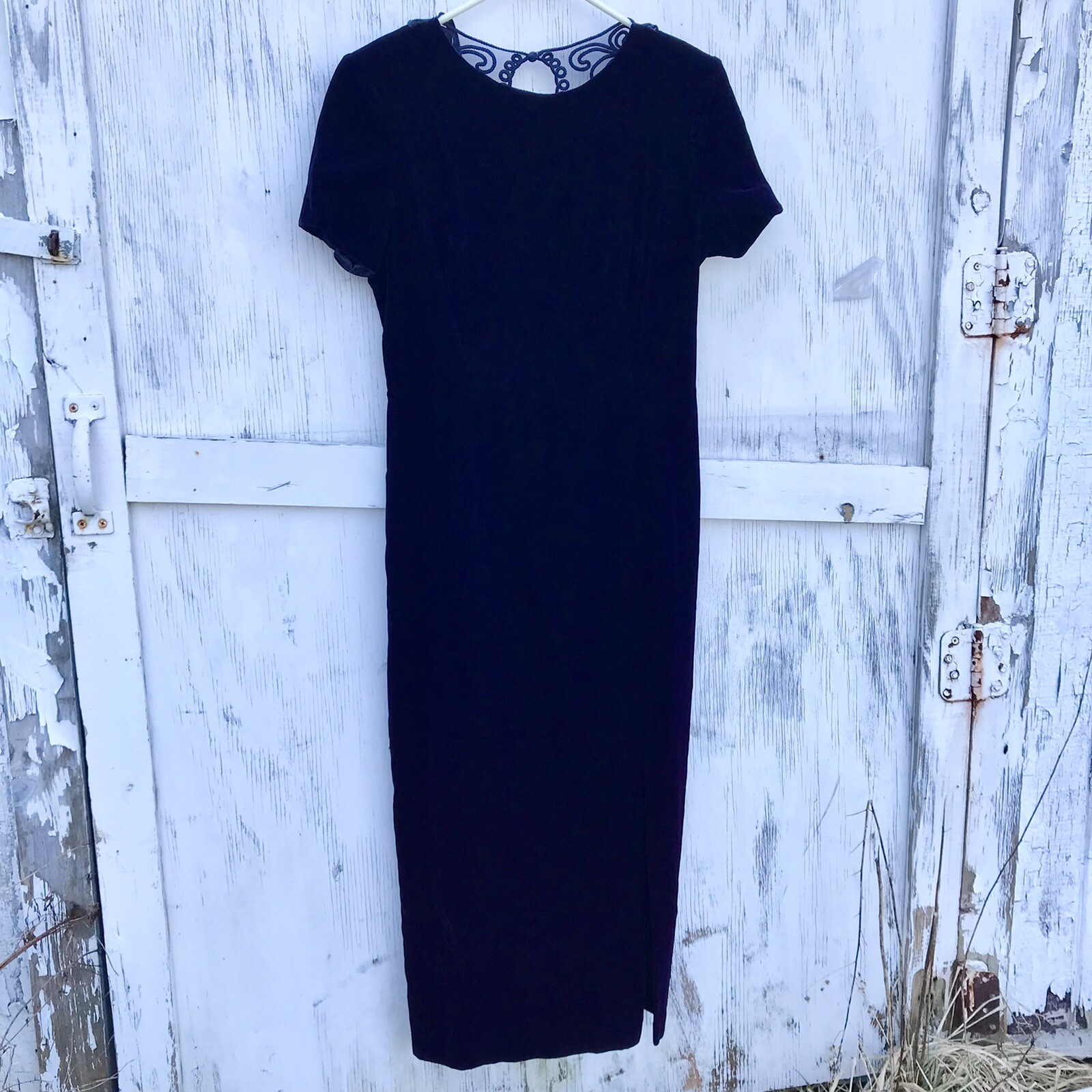 MAGGY LONDON 8 10 Purple VELVET DRESS Mesh Lace Back Vtg 80 90s Vamp Goth Prom