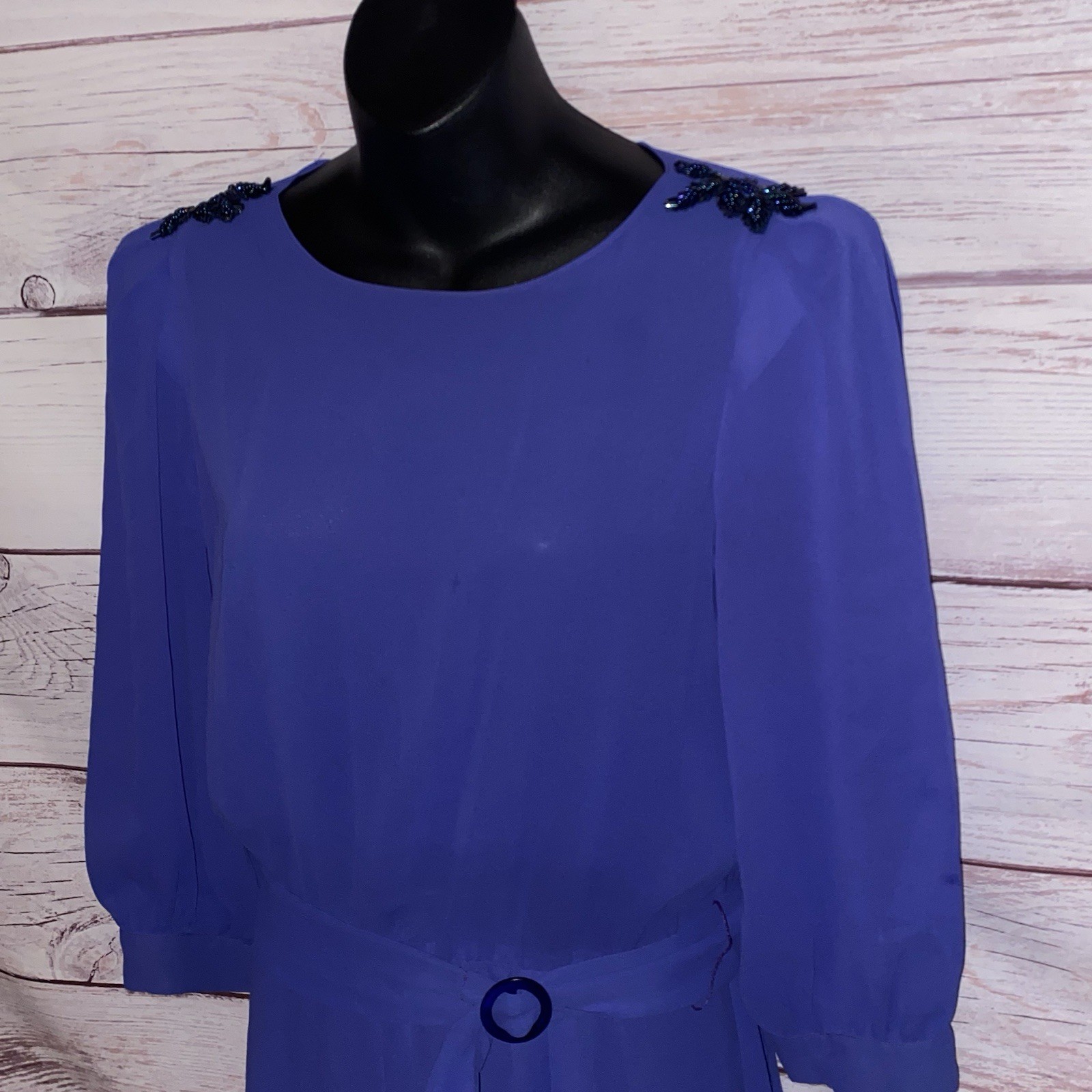 Ursula of Switzerland Cocktail Dress Size 11/12 Blue Chiffon Beaded Victorian