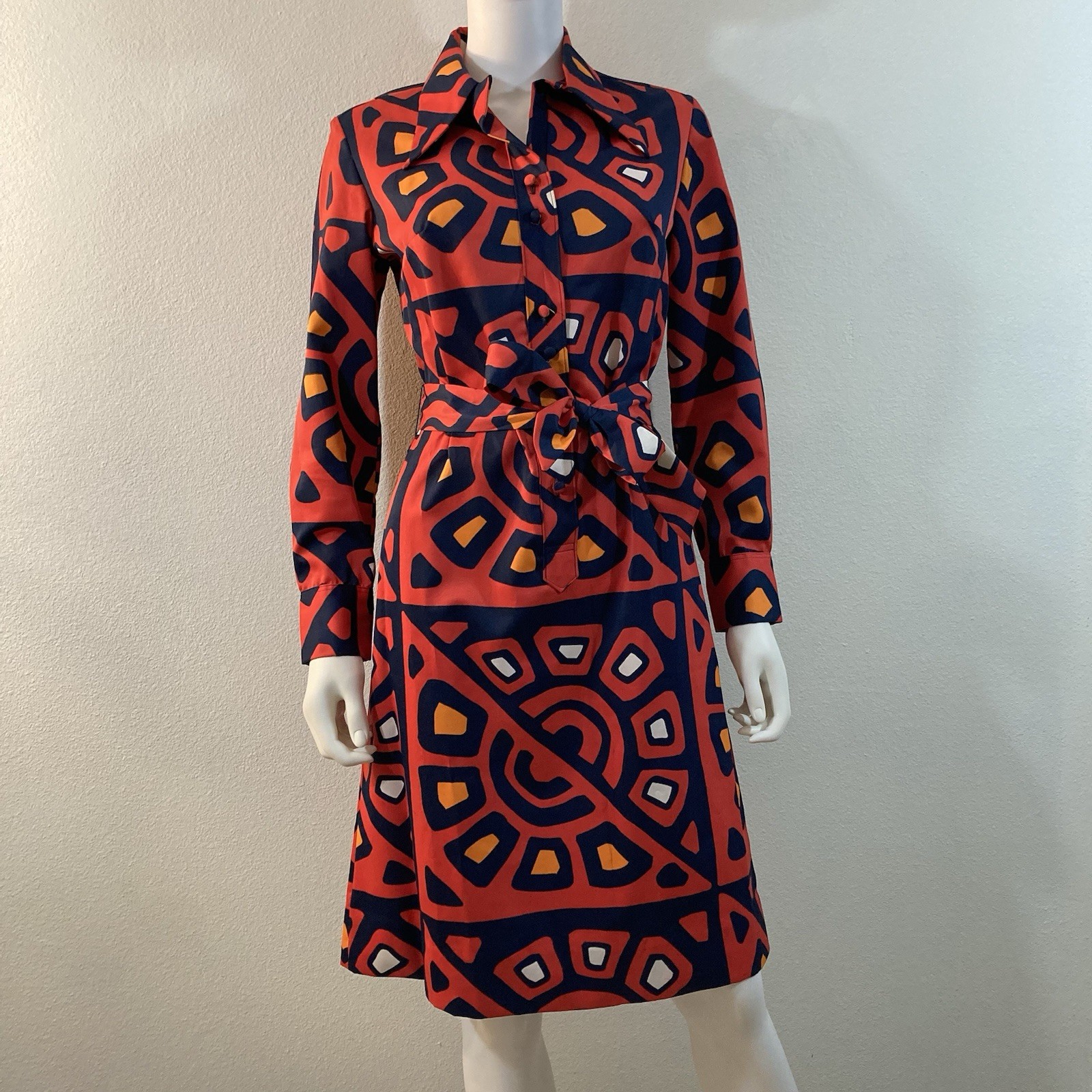 Lanvin Paris Mod Belted Shirt Dress 1970s Vintage Long Sleeve, Dagger Collar, 10