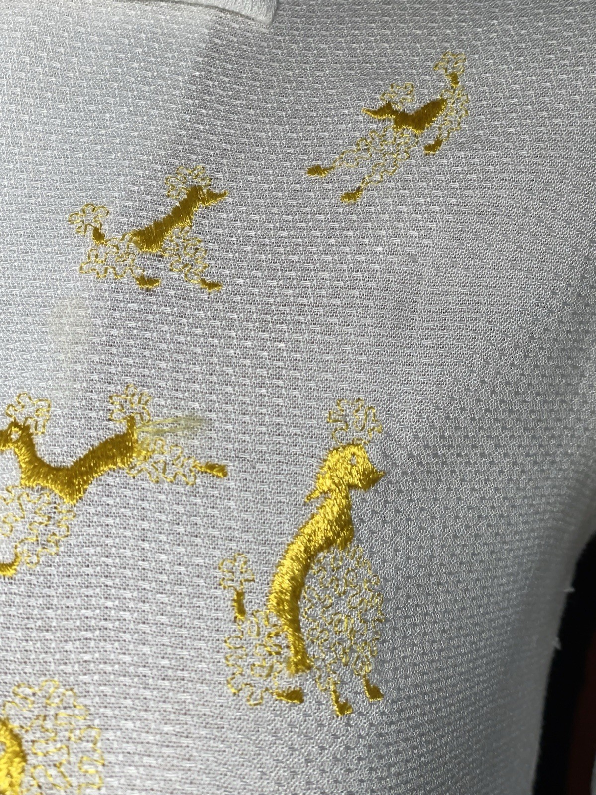 Vintage 40s 50s White Cotton RAYON Dress Embroidered Poodles 32″ Bust 32” WAIST