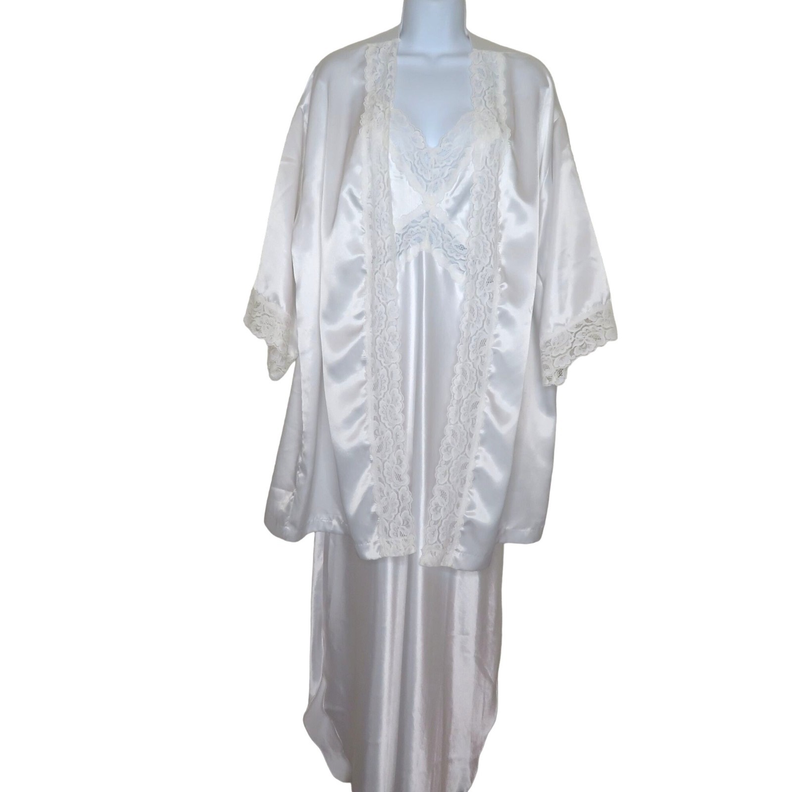 Vintage White Lace Satin Slip Nightgown Robe Peignoir Set Wedding Honeymoon