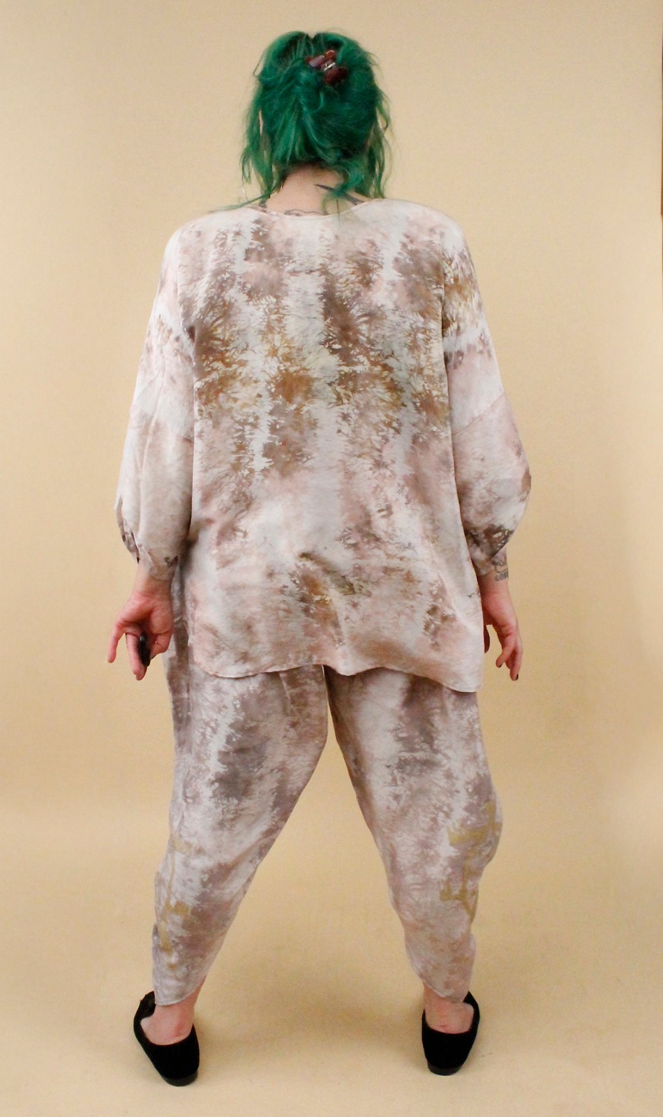 80s Vtg Silk Beige Gold Laise Adzer Langenlook Moroccan Harem Pant Suit OS