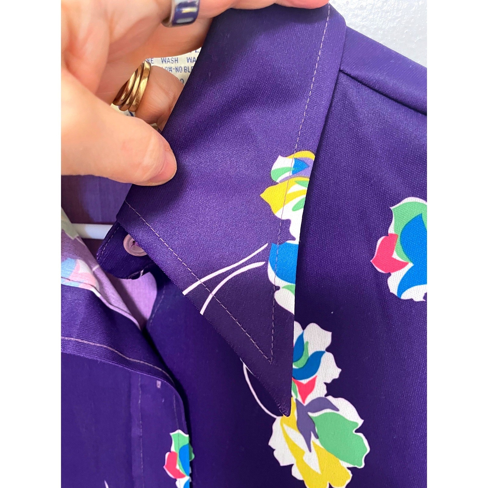 Vintage Sears Shirt Button Down 70s Dagger Collar Perma-Prest Purple Floral 14