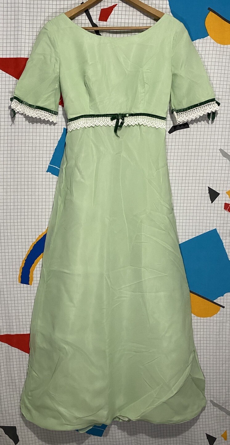 Vintage 50s Silk Chiffon Dress Green Lace Organza Velvet Ribbon 60s Maxi
