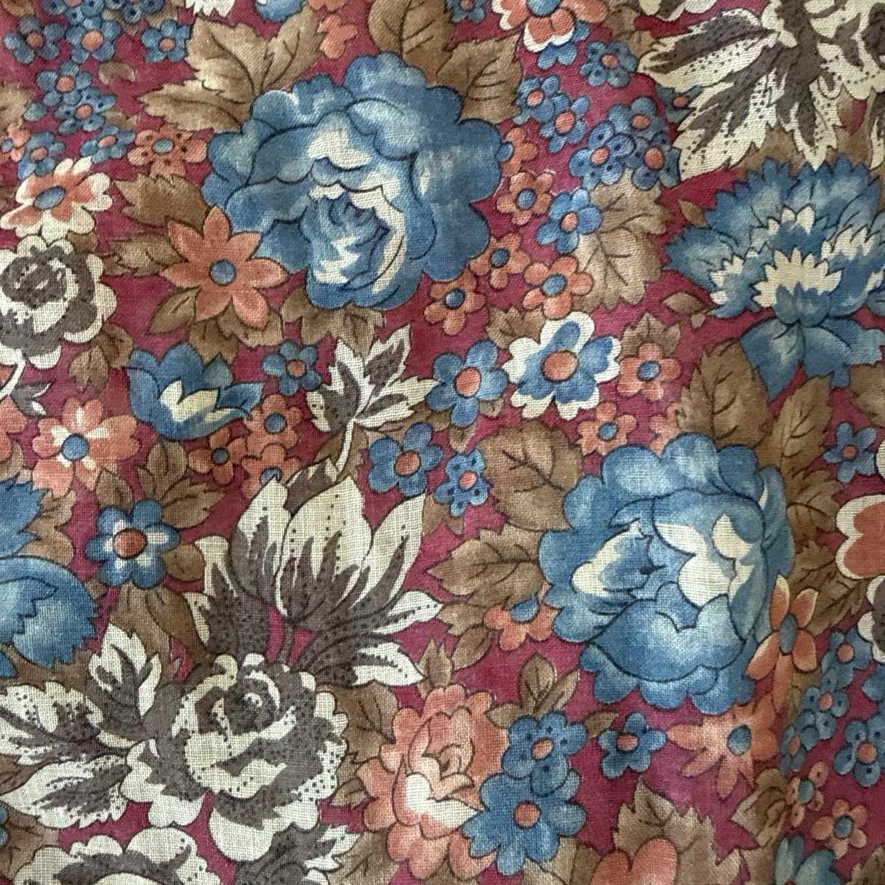 Vintage 1970S Cotton Voile Brown And Blue Floral Maxi Dress With Ruffle Hem