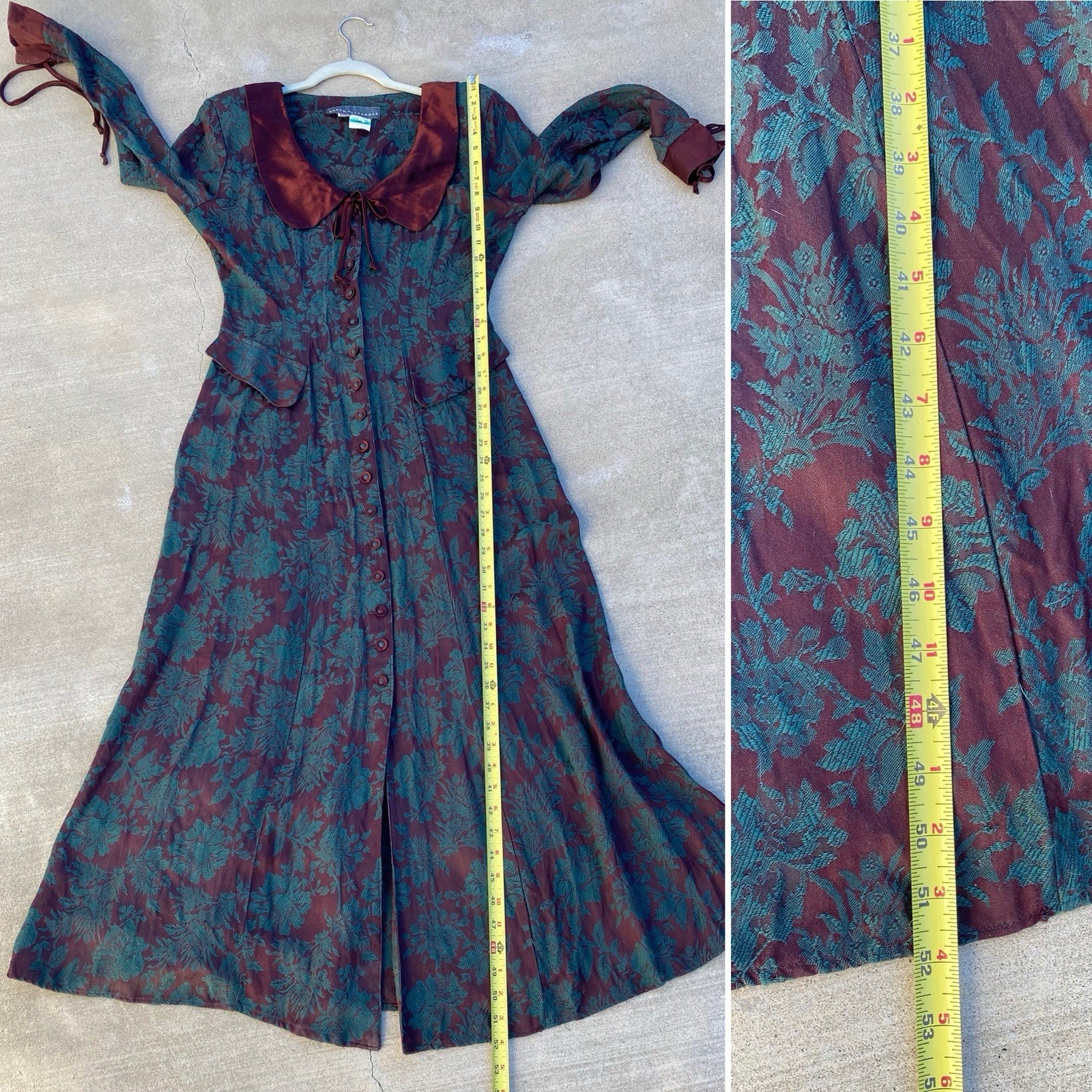 Vintage 80s 90s Karen Alexander Floral Jacquard Maxi Dress Burgundy Green USA 8
