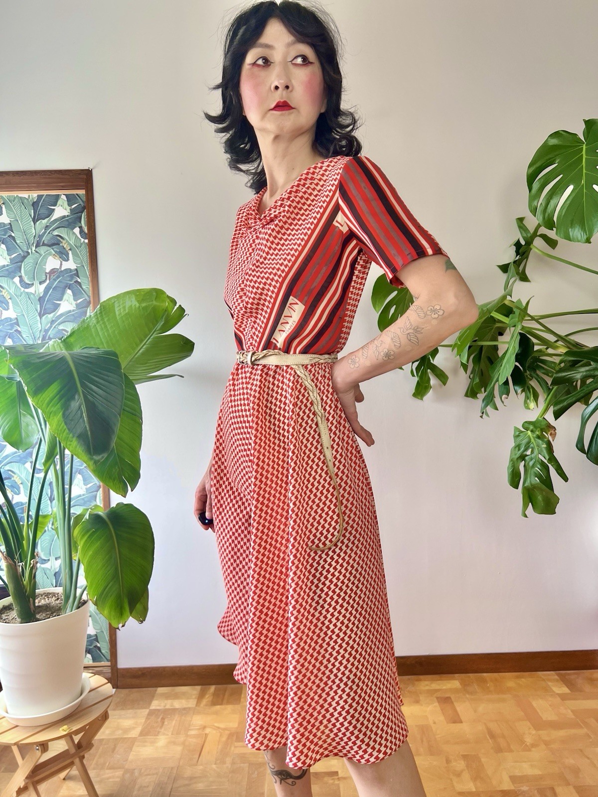 70s Handmade Lanvin Paris Fabric Bias Cut Midi Dress Scarf Print Chevron XS/S