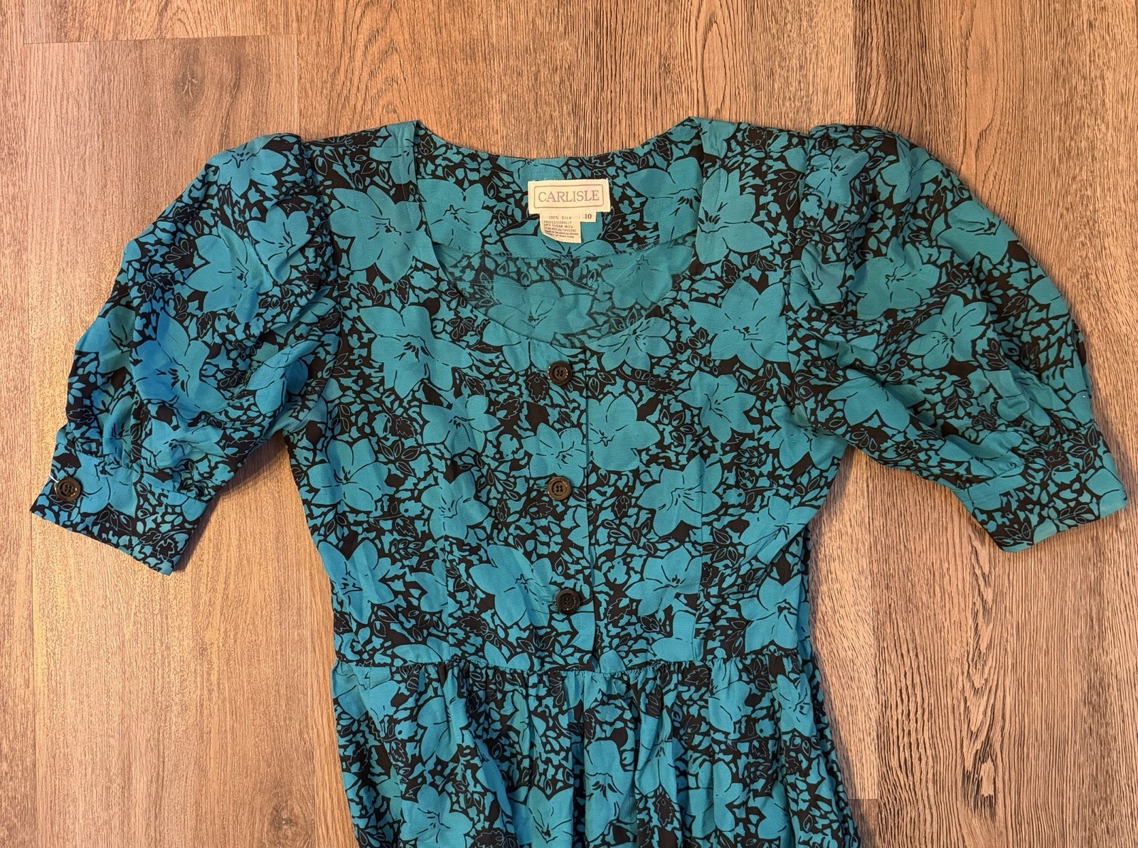 Vintage 1980s Blue And Black Dress Puff Sleeve Size 10 / Medium