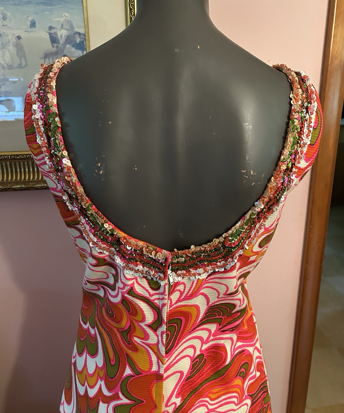 Vintage Cameo Psychedelic Maxi Dress 10 Orange White Pink Cotton Sequins Trim