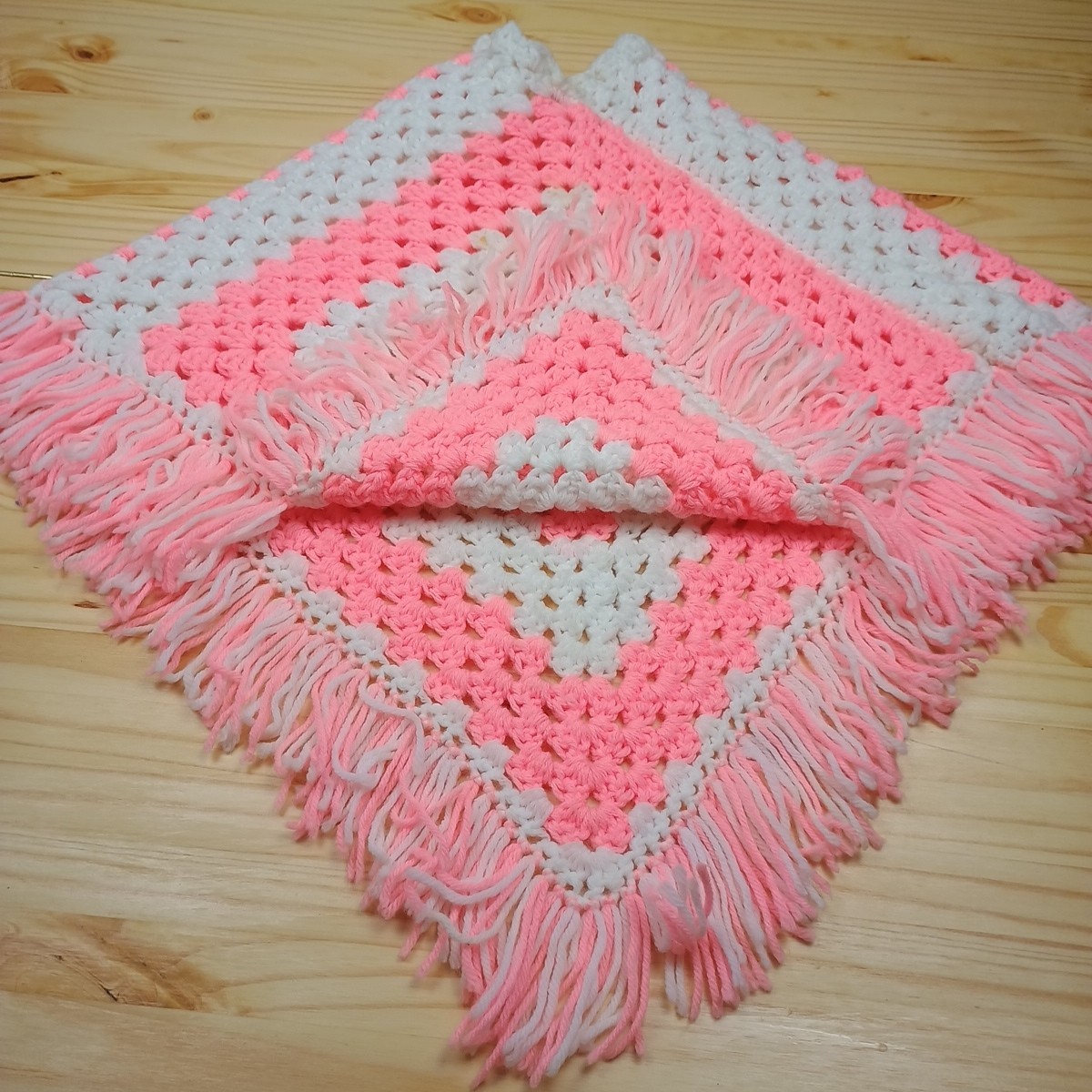 Hand Knit Granny Square Shawl, Cape, Wrap With Fringe Small Pink White Vintage