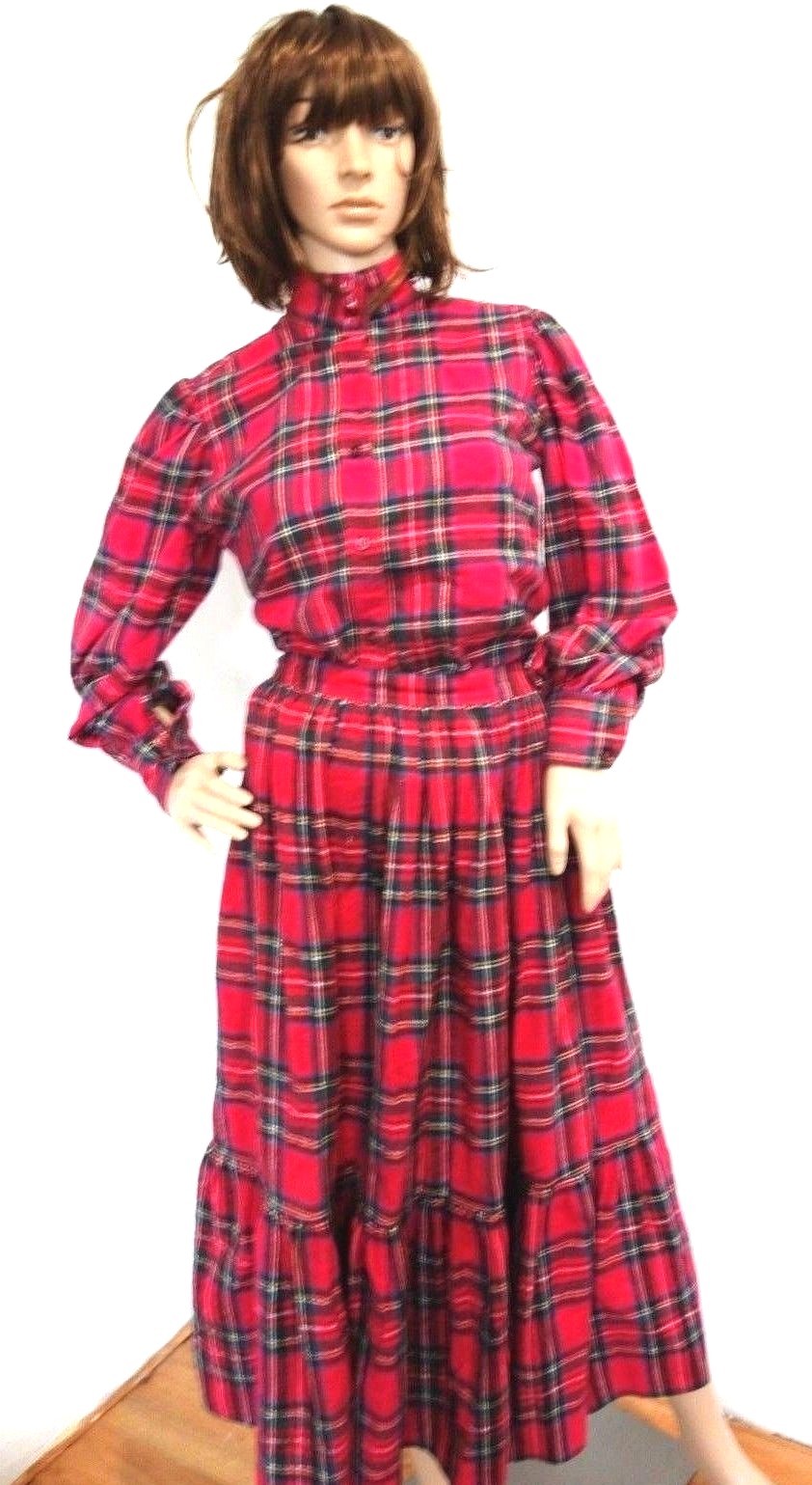 VINTAGE B. ALTMAN AND CO. RED TARTAN PLAID FLANNEL SKIRT ENSEMBLE OUTFIT M