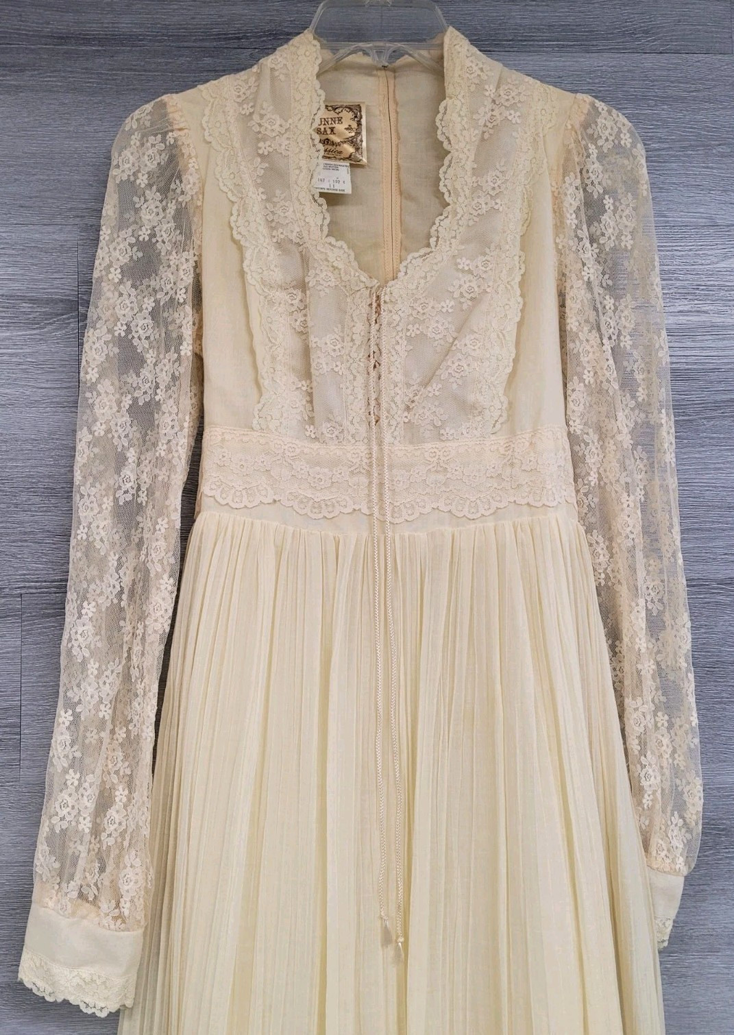 VINTAGE GUNNE SAX DRESS 70s IVORY LACE UP CORSET BOHO BRIDAL MAXI SIZE 11 S/M