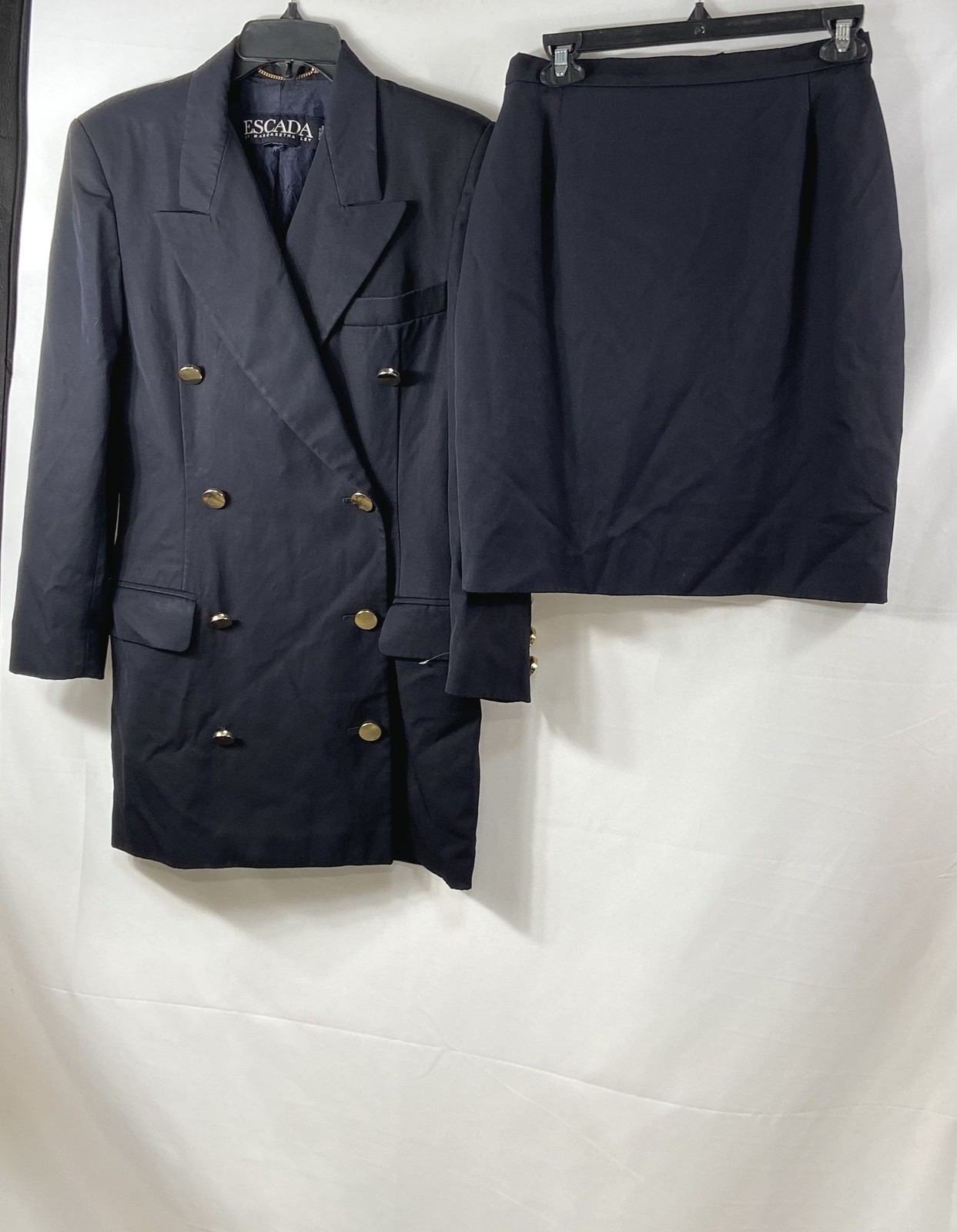 Vintage 90s Escada Women’s Navy Wool Double Breasted Suit Blazer Skirt Set Sz 38
