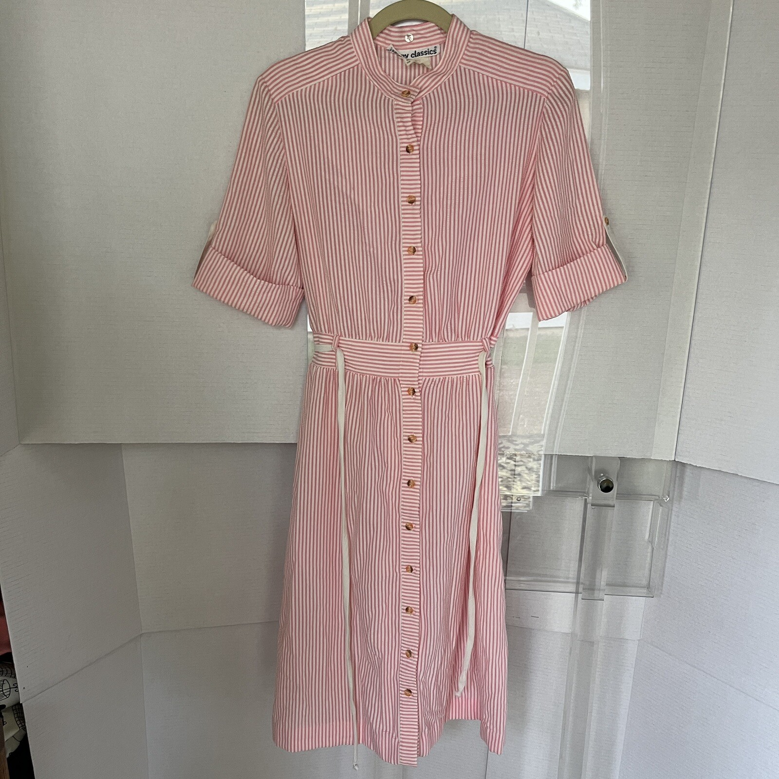 vintage Kenny Classics Shirt Dress pink Belted Fit Flare Button Up Womens sz 12