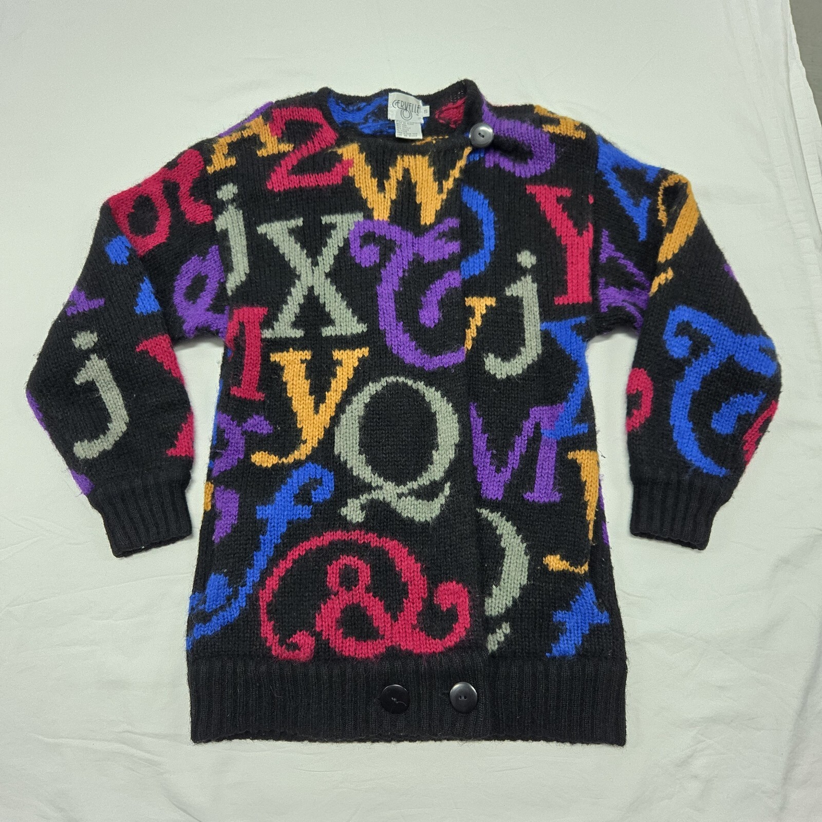 VTG Womens SMALL Cervelle Alphabet Letters Cardigan Sweater Oversized Wool Blend