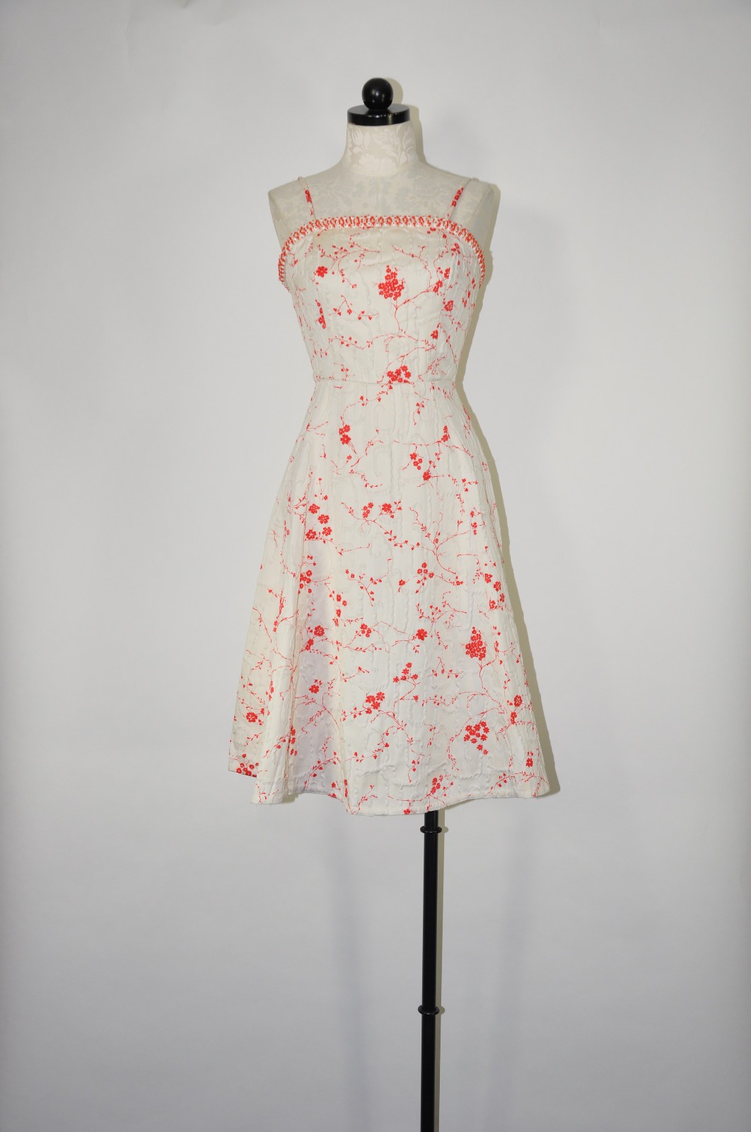 50s Vintage White Red Cherry Blossom Beaded Straps Full Skirt Day Dress Women XS