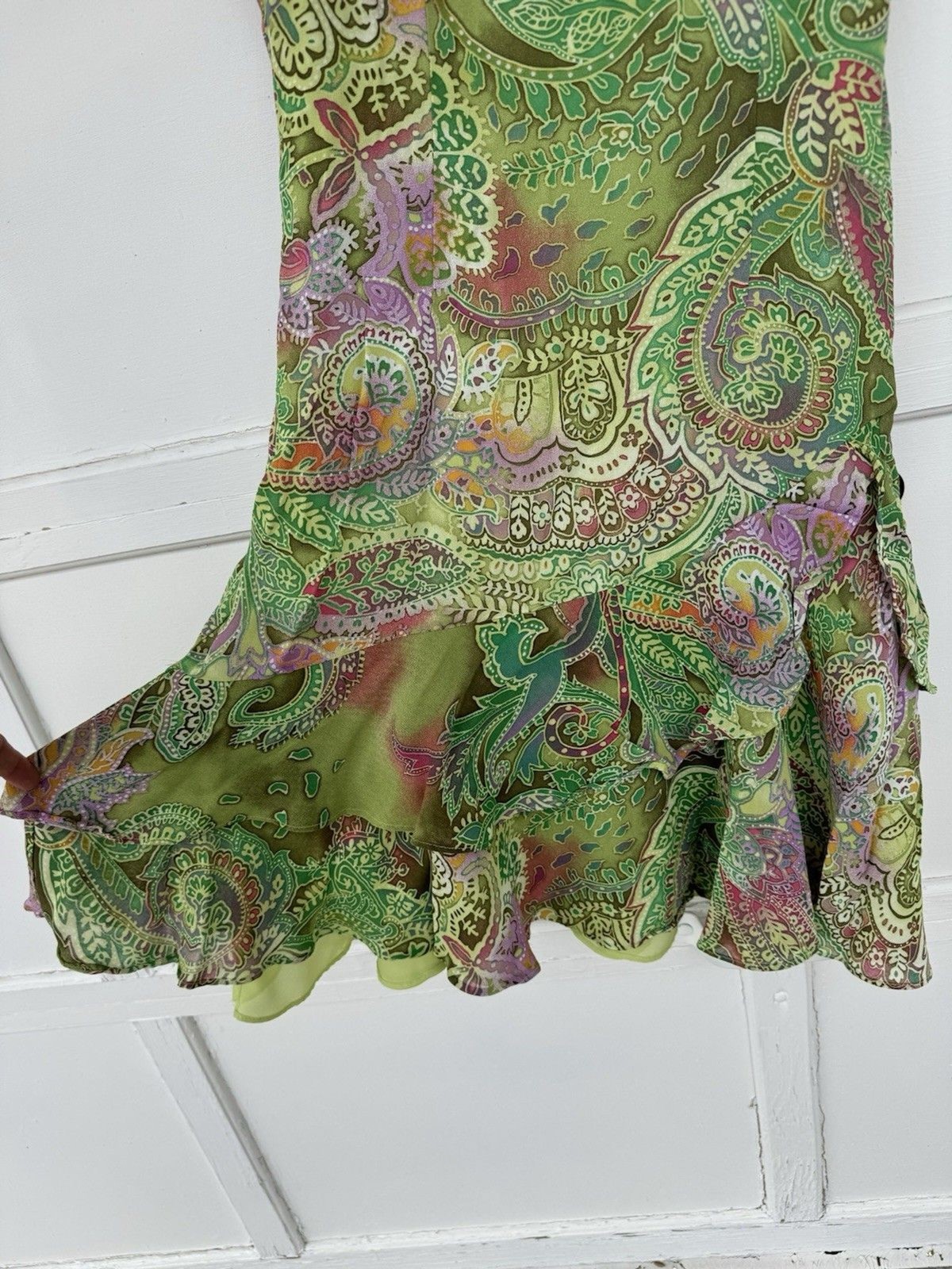 VTG Althuser Dress Viscose Green Pink Ruffled Bottom Batik Zipper Lined Sz 12