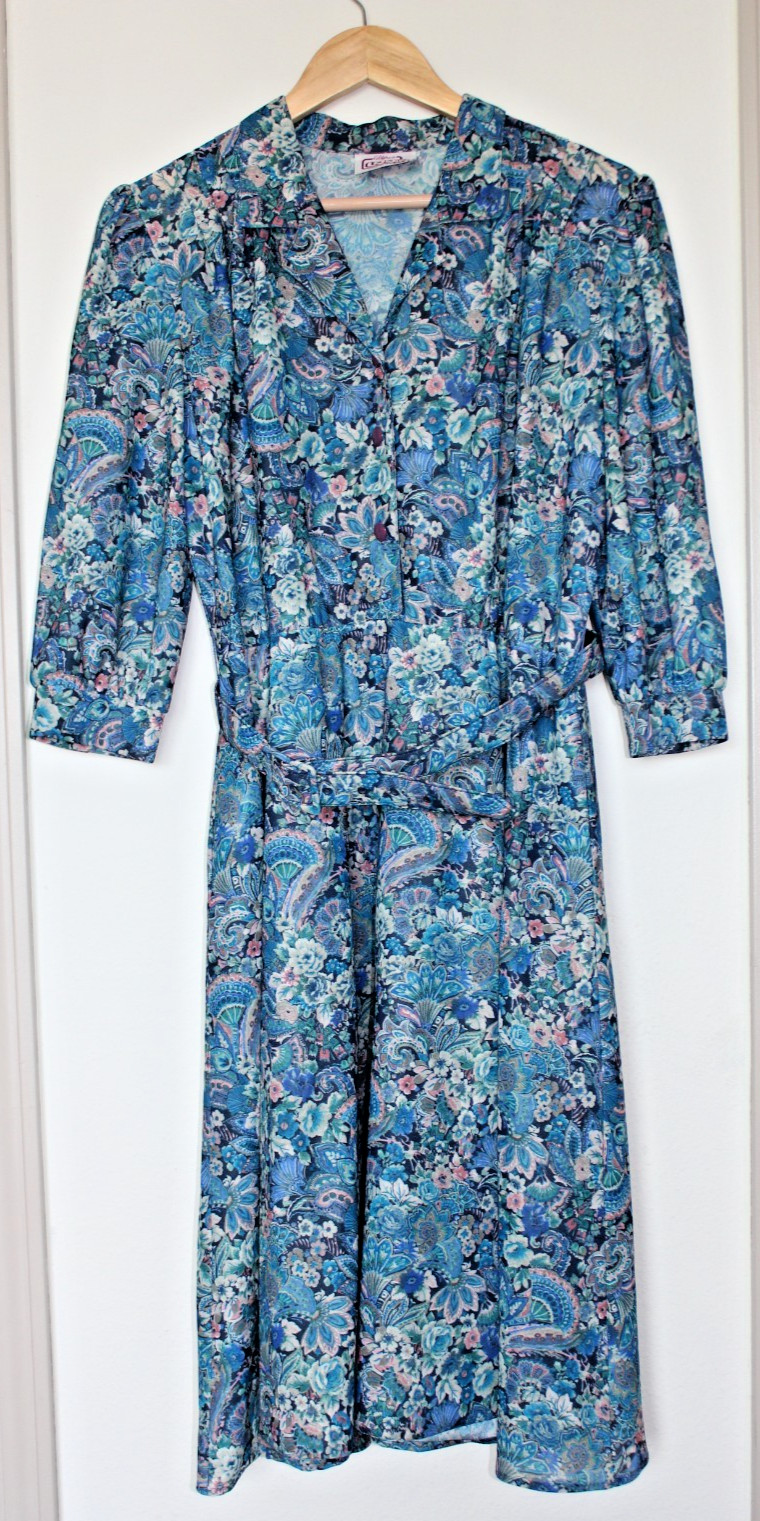 VTG 70s does 40s California Looks Dress Blue Paisley Floral Midi Dress Belted L