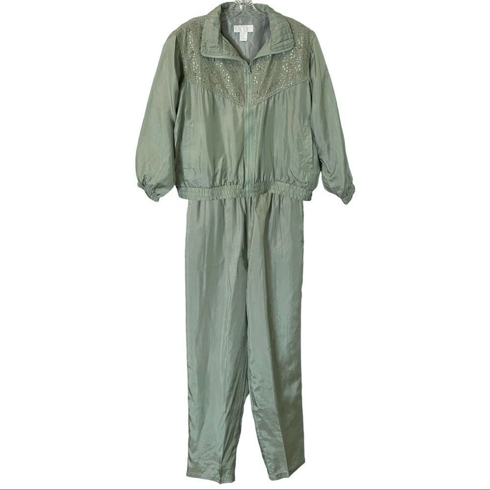 Vintage Y2K Maurada 100% Silk Beaded Lace Tracksuit Set XL Sage Jogger Jacket