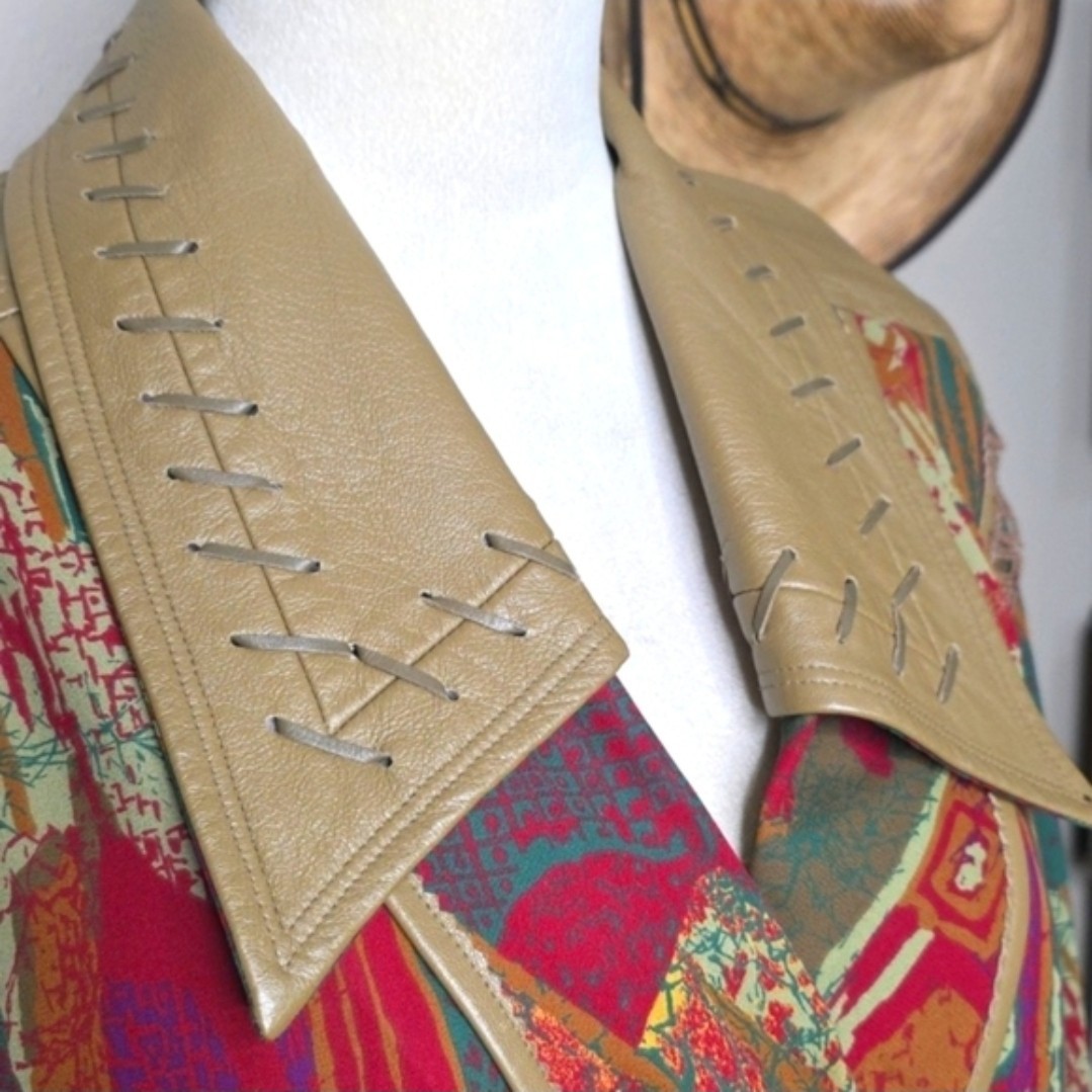Vtg 80s Marc D’Alcy Abstract Blouse Leather Trim Western Wearable Art Size 8
