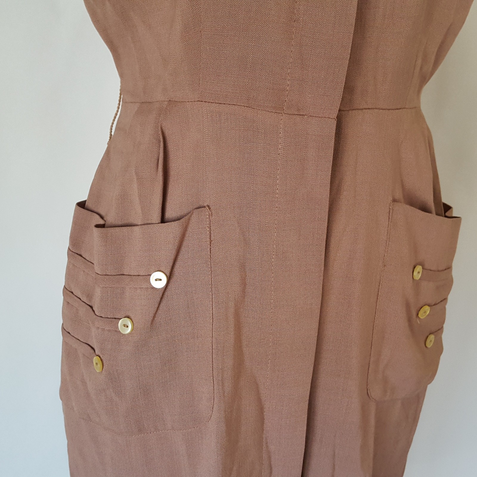 Vintage 40s 50s Brown Dress Size S Button Detail Sheath Secretary Wiggle Lampl